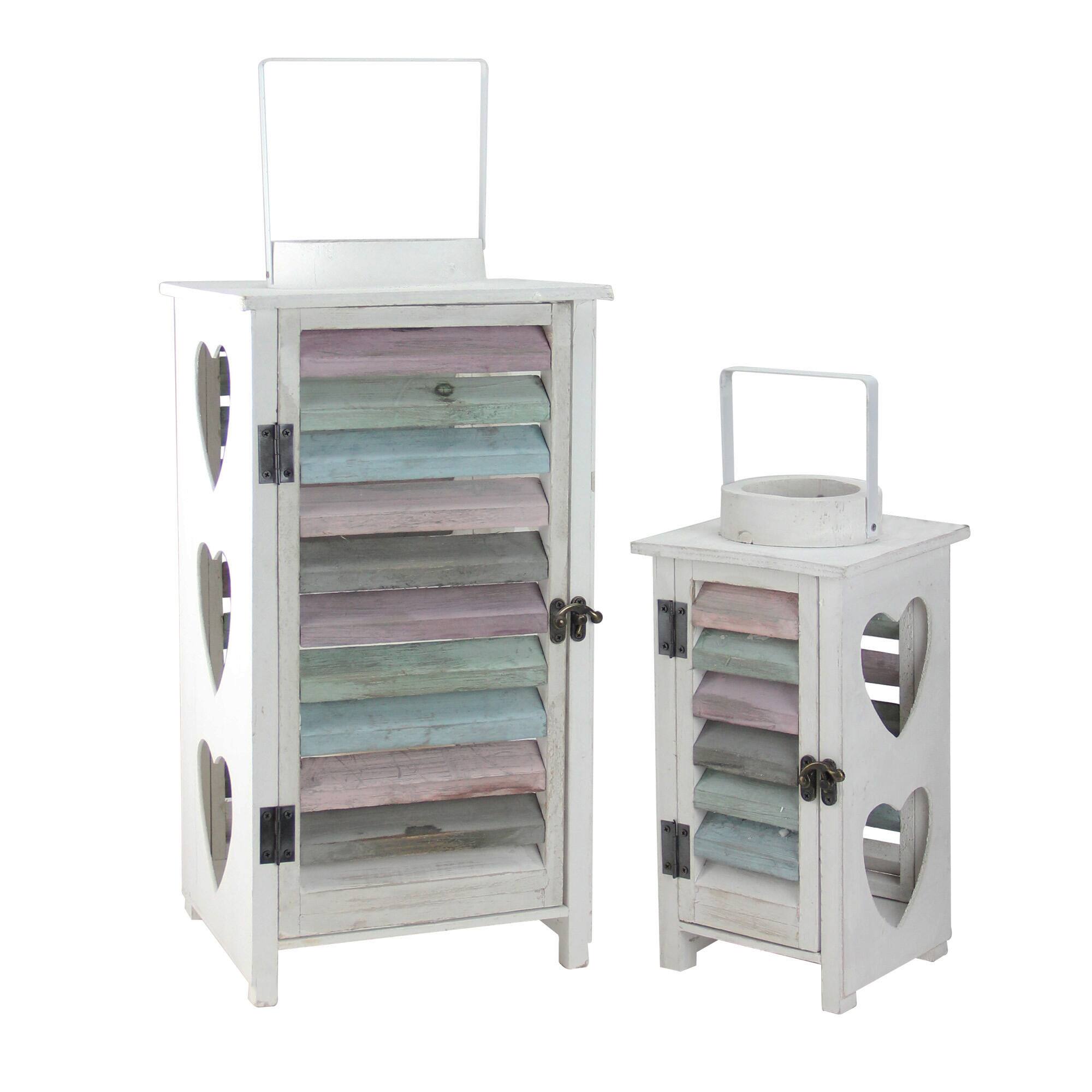 New Romance Multicolored Weathered Wooden Lantern Set, 11.75" & 17.75"