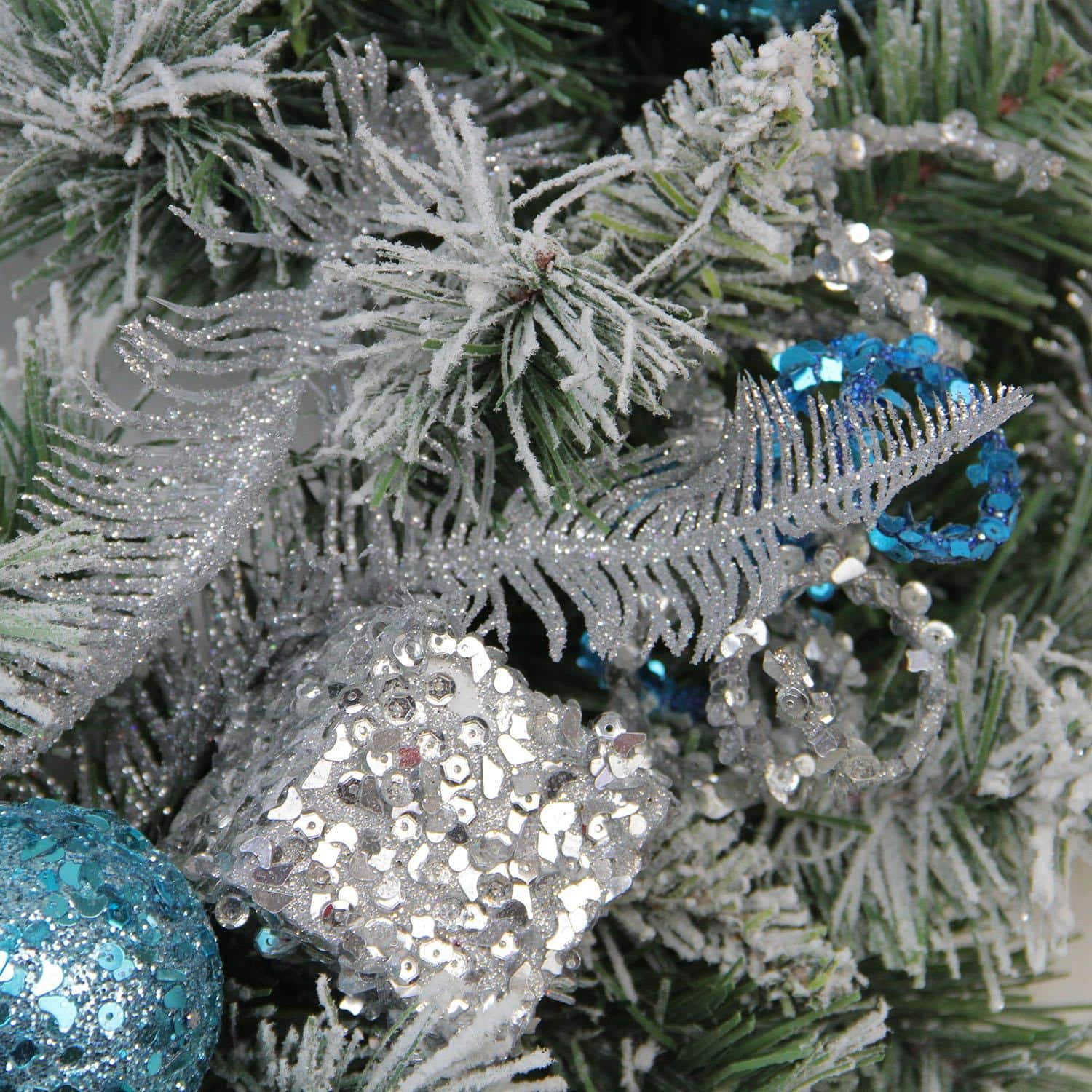 24&#x22; Blue &#x26; Silver Sequin Ornaments Artificial Flocked Pine Wreath