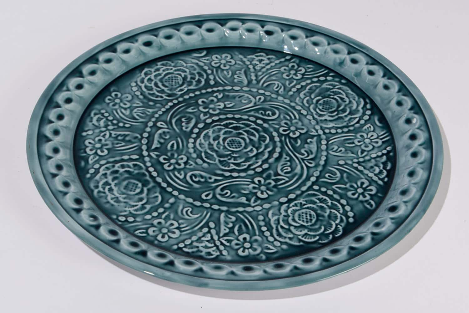 16.5" L'Eau de Fleur Dark Blue Embossed Rose Decorative Floral Platter