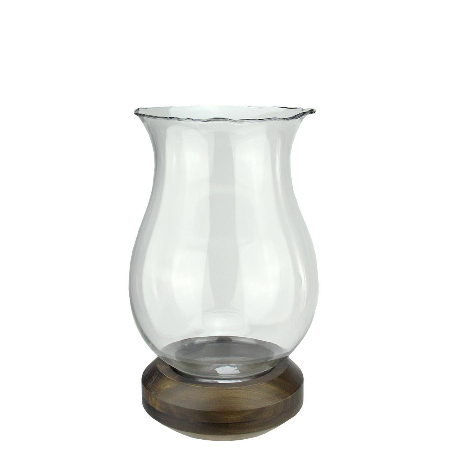 17" Wavy Edged Glass and Wood Hurricane Pillar Candle Holder