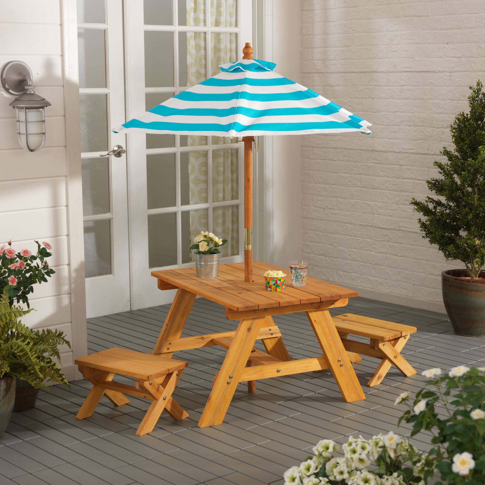 KidKraft Turquoise &#x26; White Outdoor Table &#x26; Bench Set with Umbrella