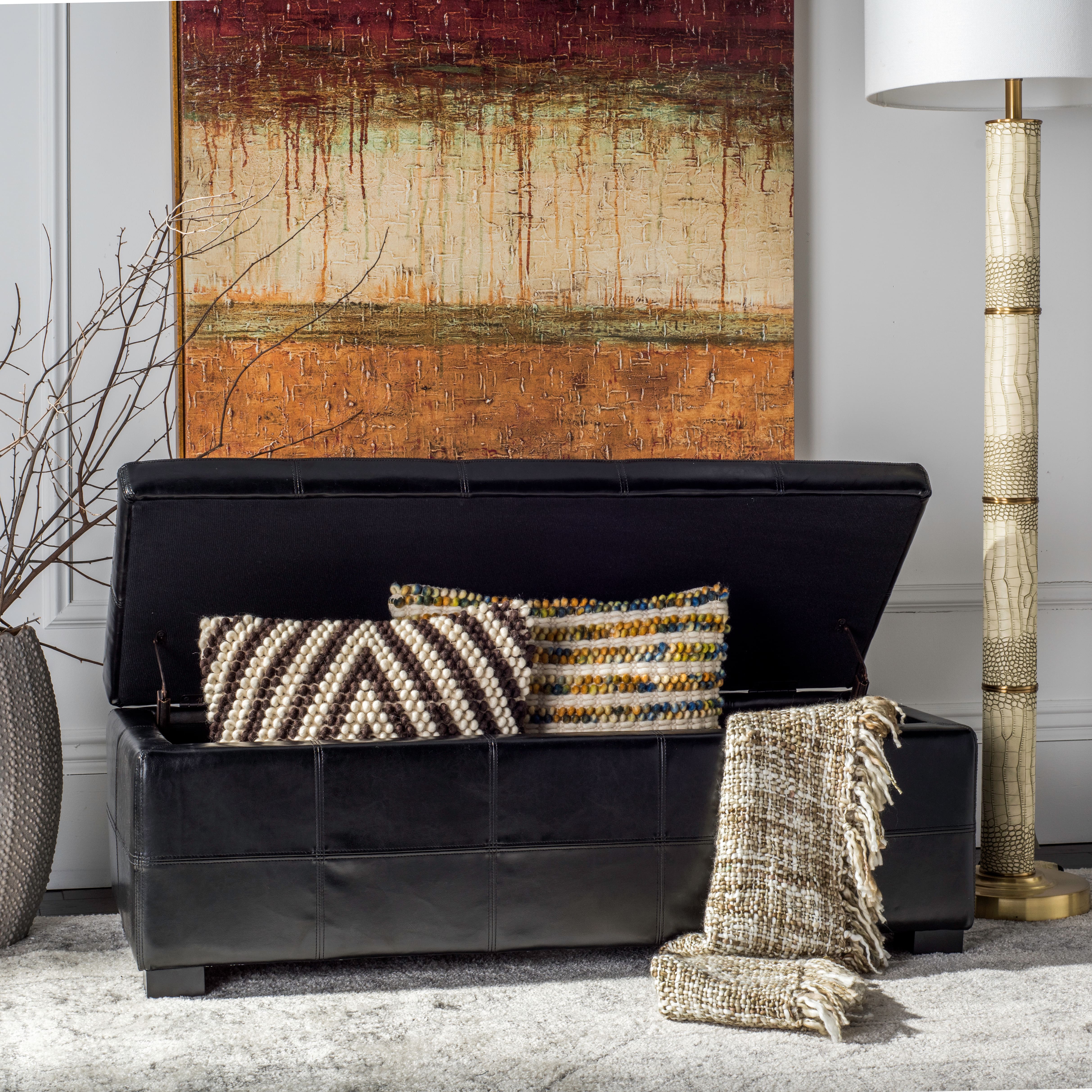 Madison Large Storage Leather Bench in Black