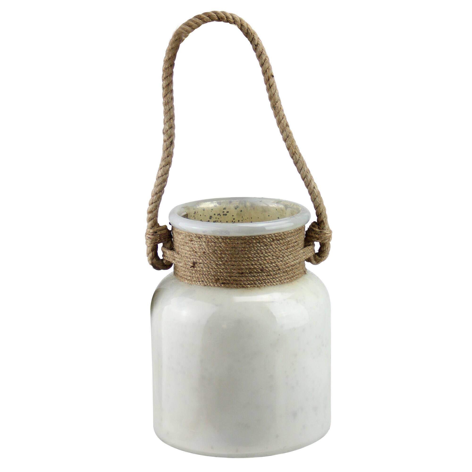 9.5" Seaside Treasures Antique White Glass Hurricane With Rope Handle