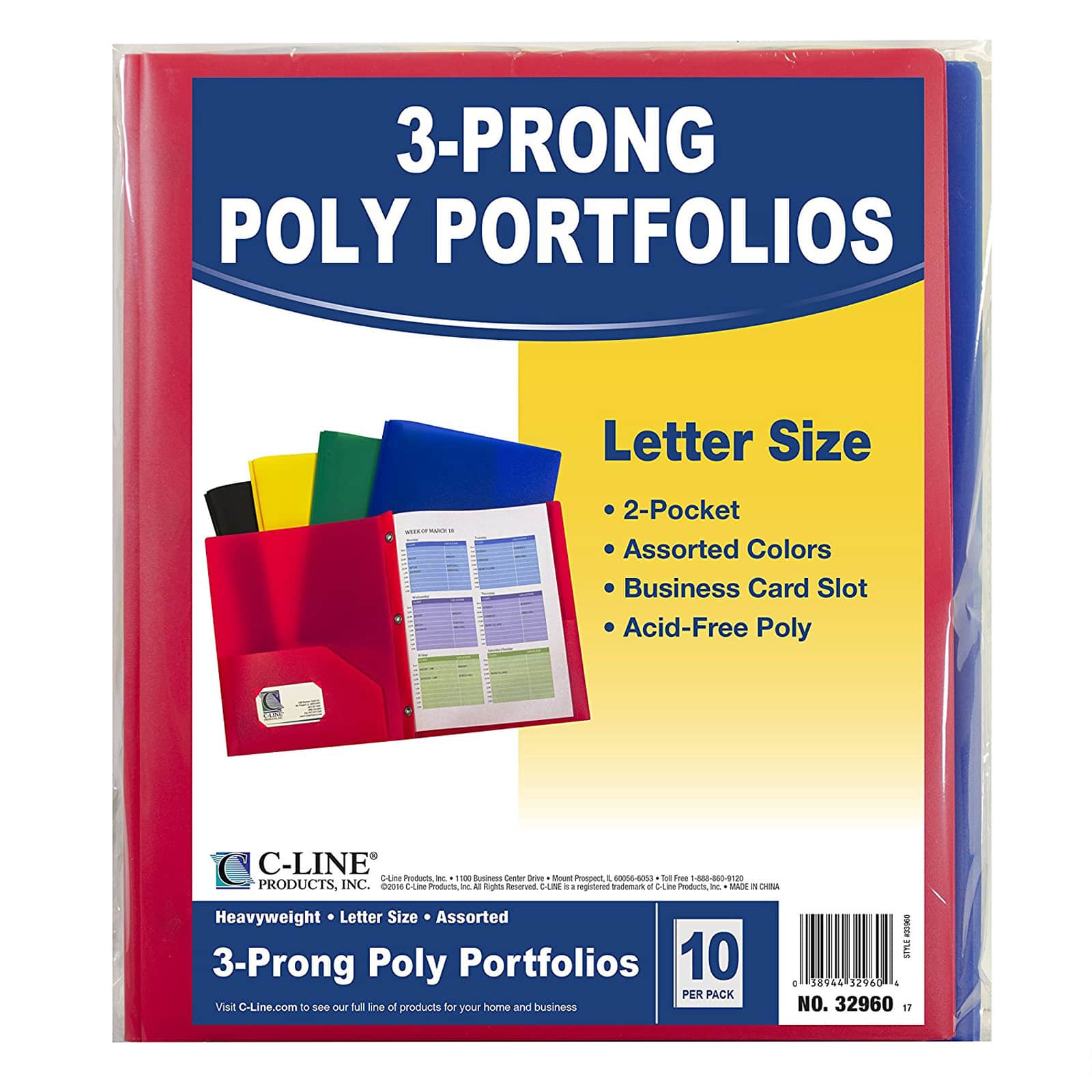 10 Packs: 10 ct. (100 total) C-Line&#xAE; Two-Pocket Heavyweight Poly Portfolio Folder with Prongs