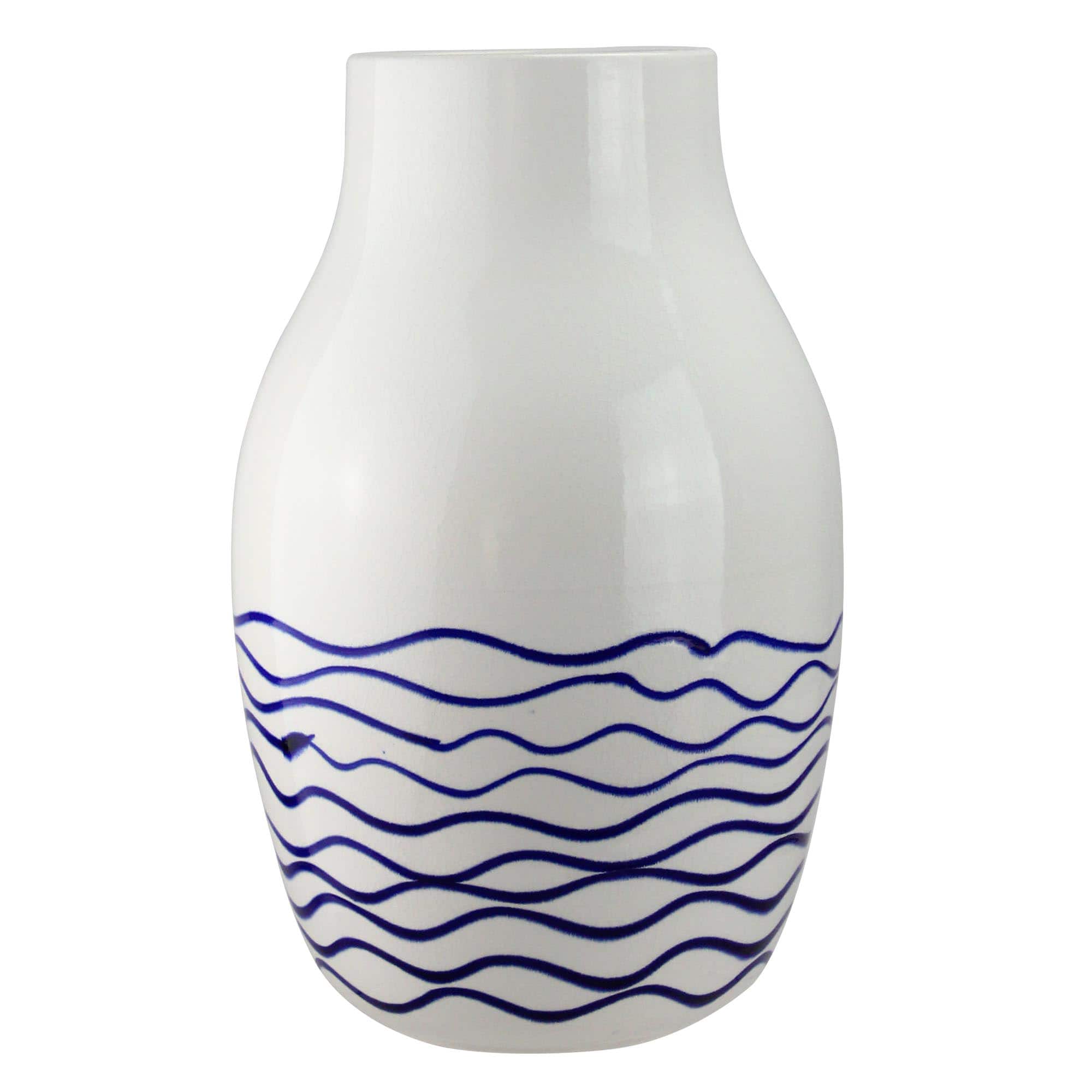 14" Seaside Treasures Striped Crackle Vase, White & Navy Blue
