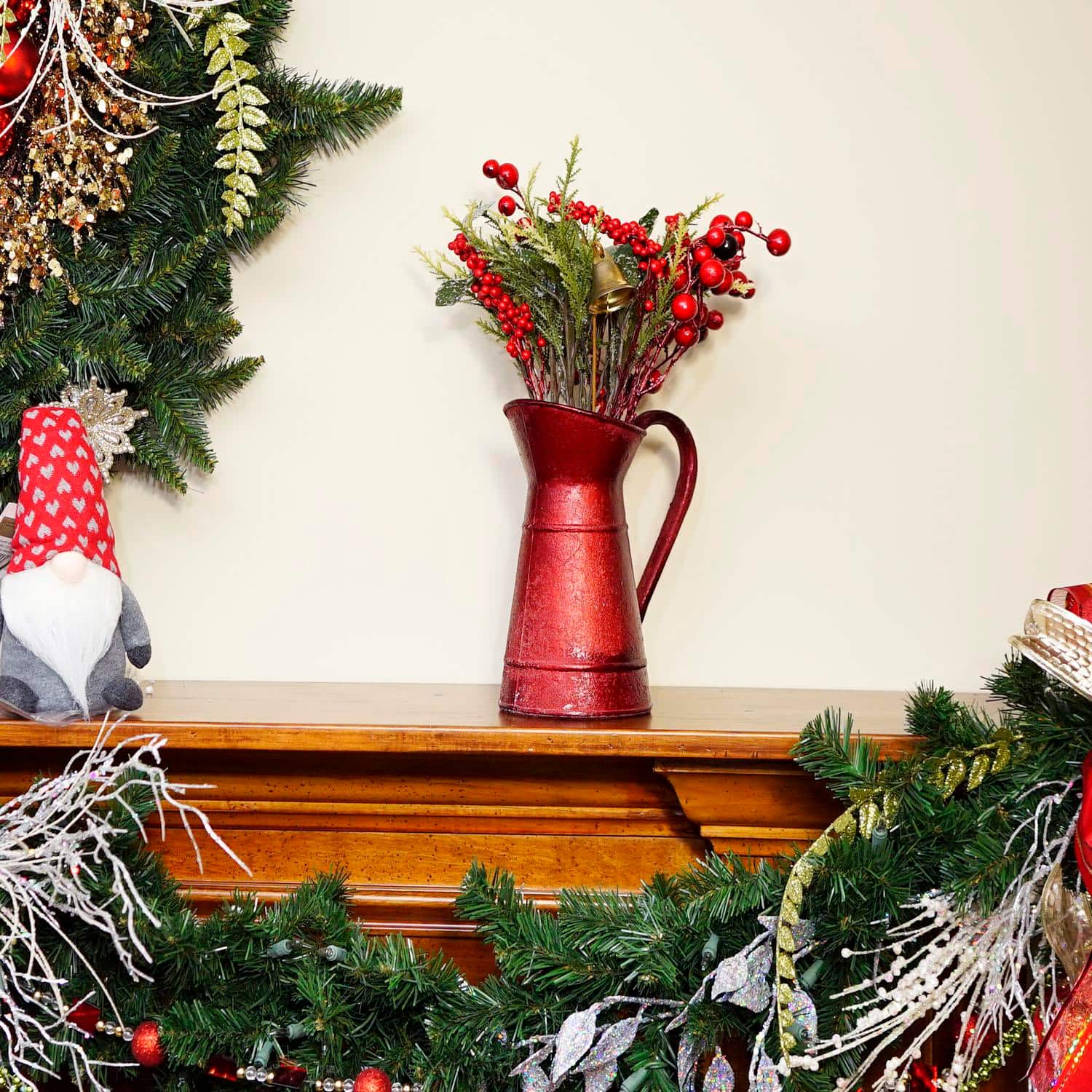13" Red Berry & Foliage with Bell in Vintage Milk Jug