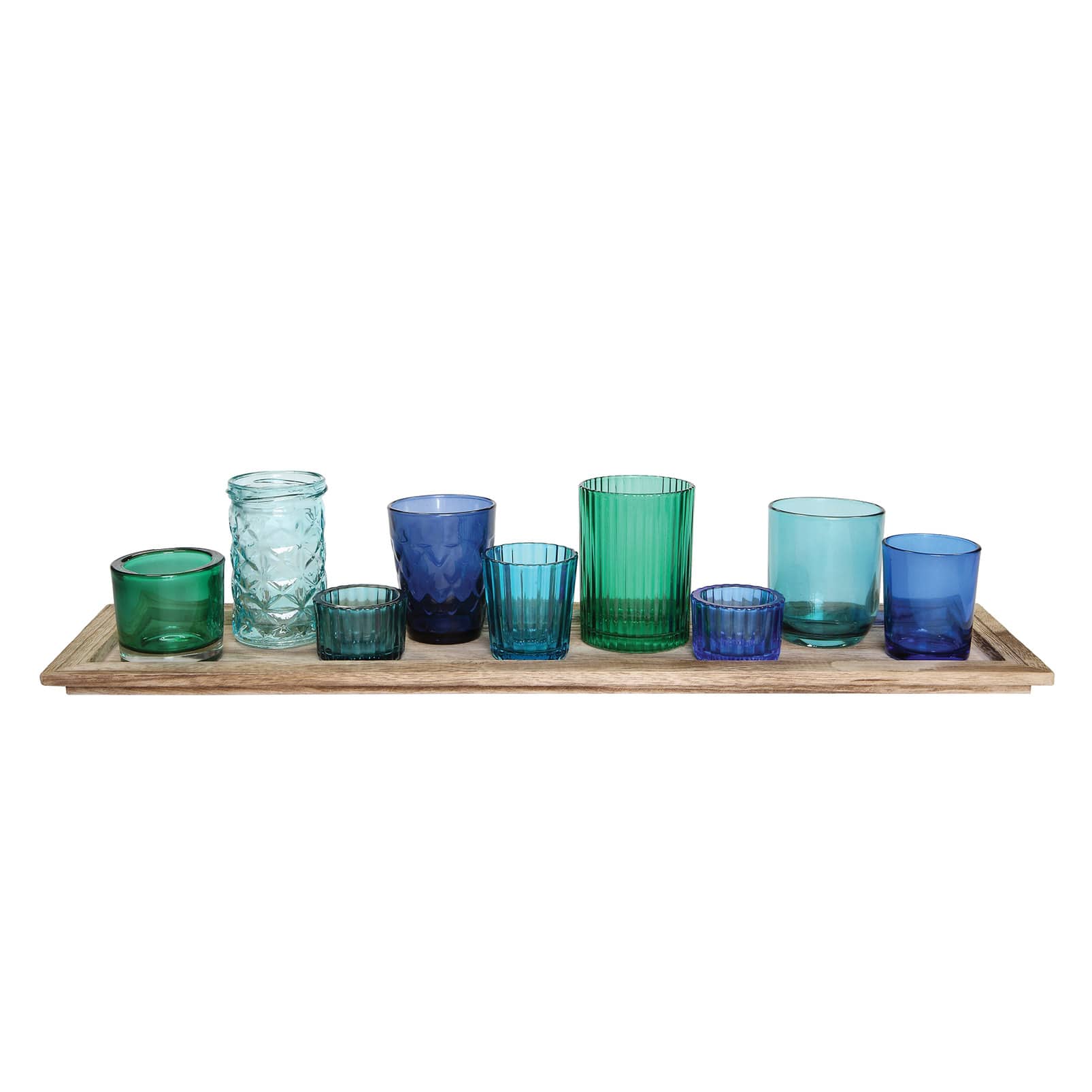 Glass Votive Candle Holders & Wood Tray Set