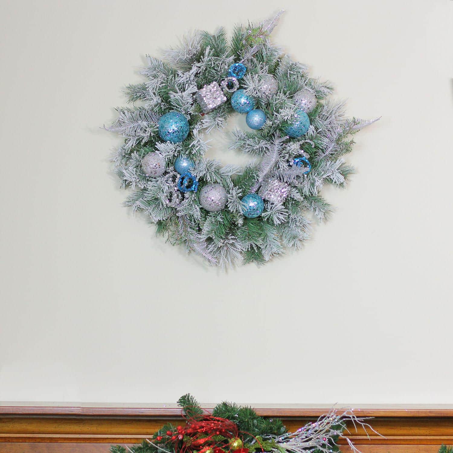 24&#x22; Blue &#x26; Silver Sequin Ornaments Artificial Flocked Pine Wreath