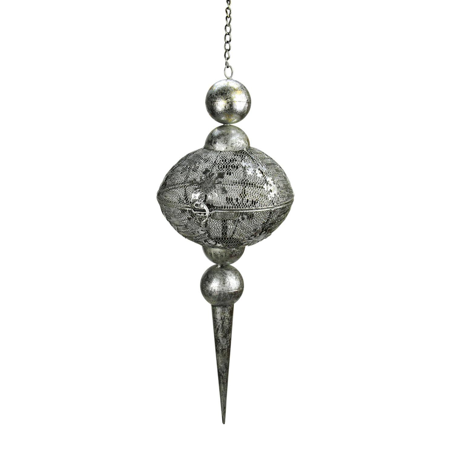 23" Silver Antique Metal Snowflake & Mesh Finial Hanging Tealight Lantern