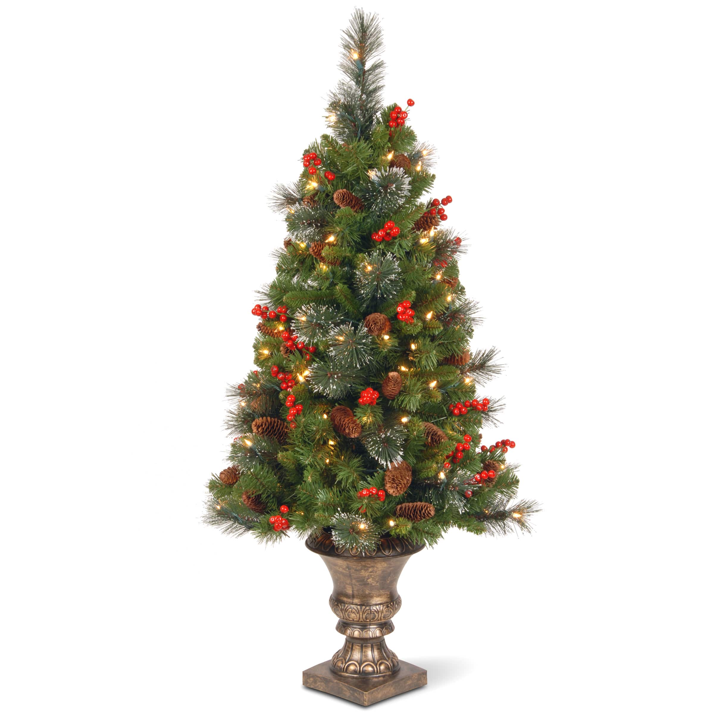 4 ft. Pre-Lit & Pre-Decorated Potted Crestwood Spruce Slim Artificial Christmas Tree, Clear Lights