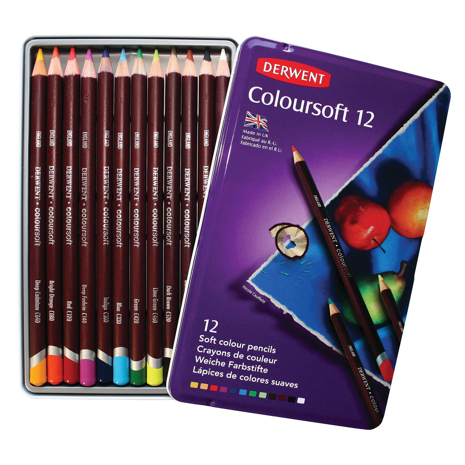 DERWENT COLOURSOFT TIN of 24 smooth vibrant colour pencils 