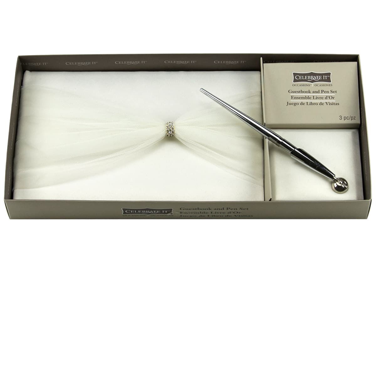 Wedding Guest Book and Pen Set with Tulle Rhinestones Decoration 