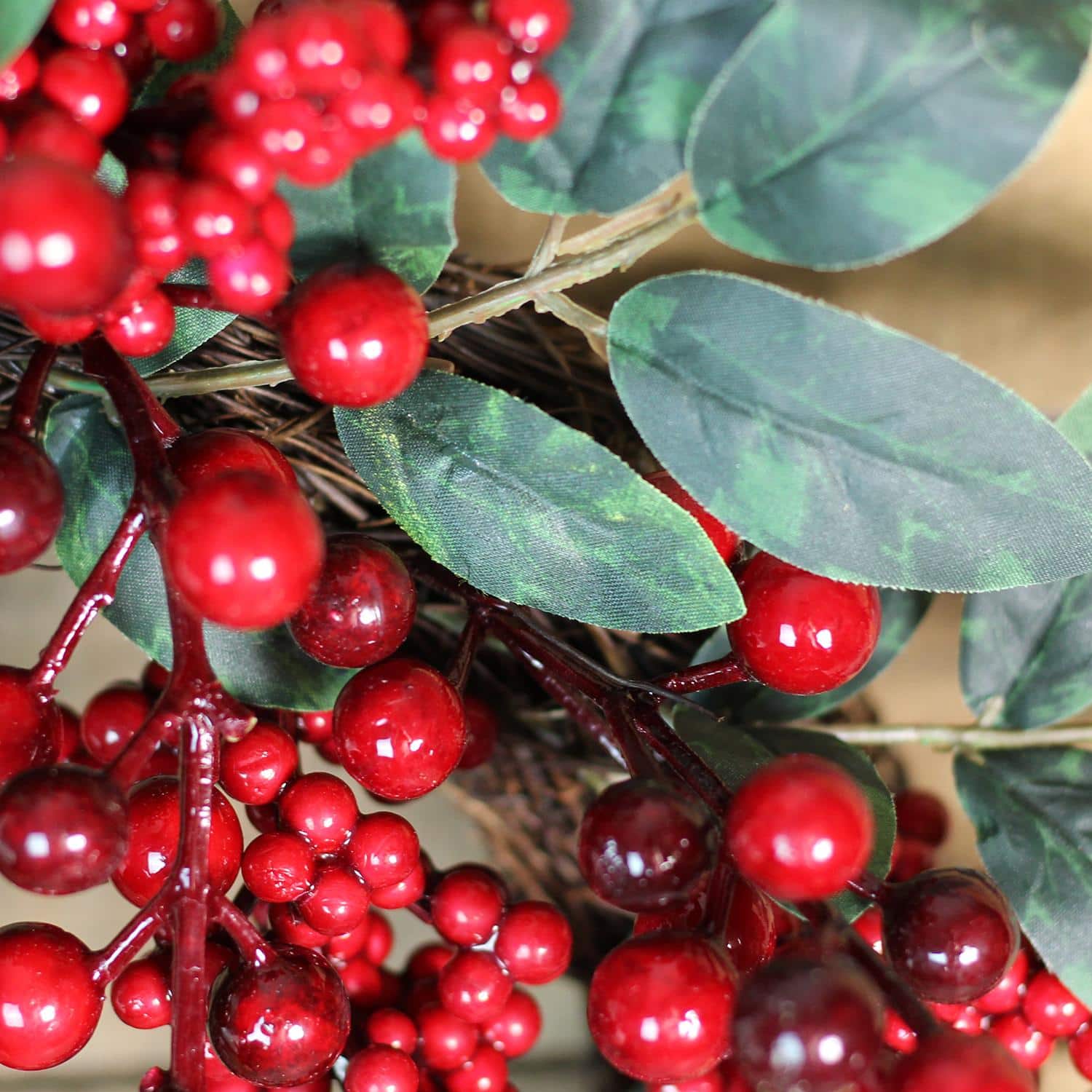 18" Red Berries & Two-Tone Green Leaves Artificial Wreath, Unlit
