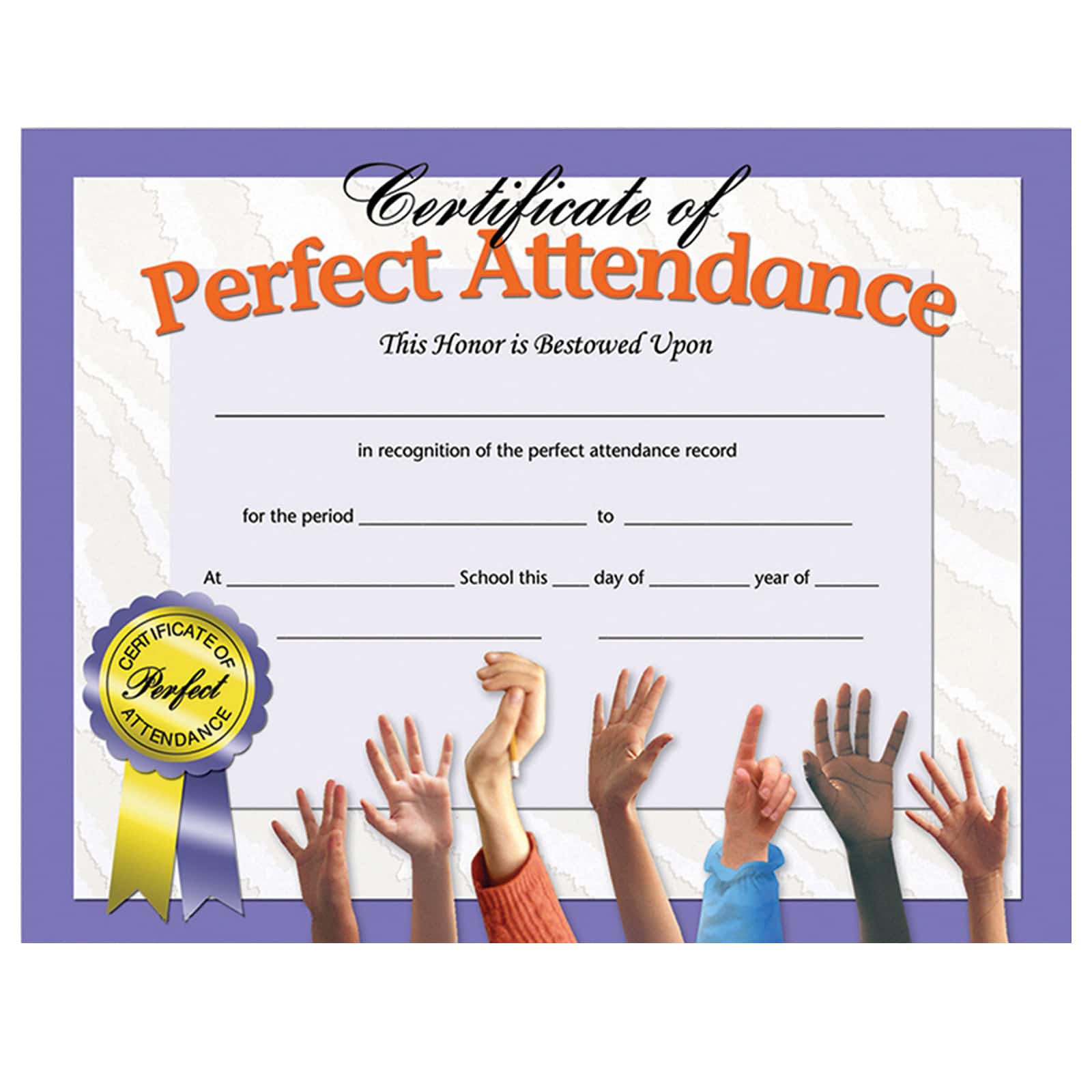Flipside Products 8.5&#x201D; x 11&#x201D; Purple Certificate of Perfect Attendance, 6 Pack Bundle