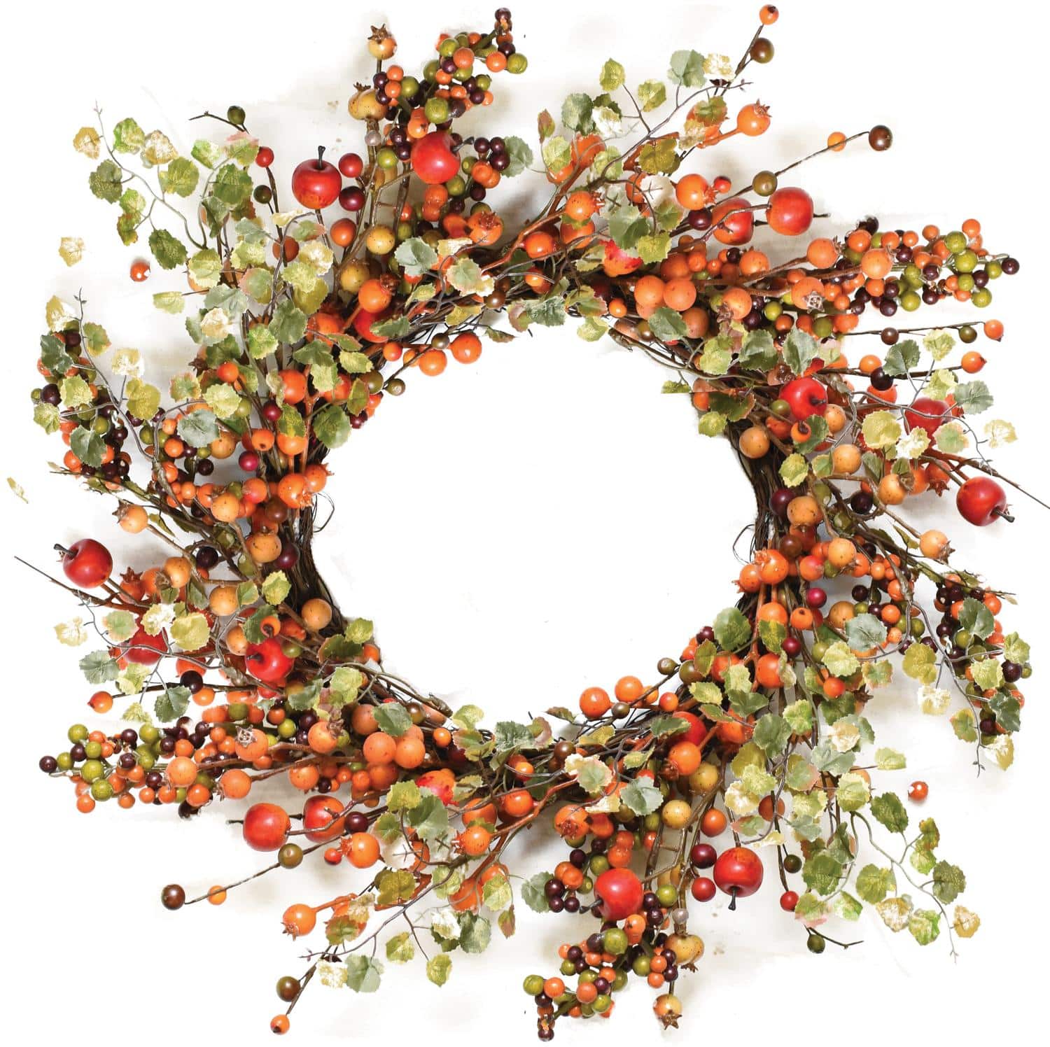 22" Autumn Harvest Decorative Artificial Orange and Green Berries with Leaves Wreath