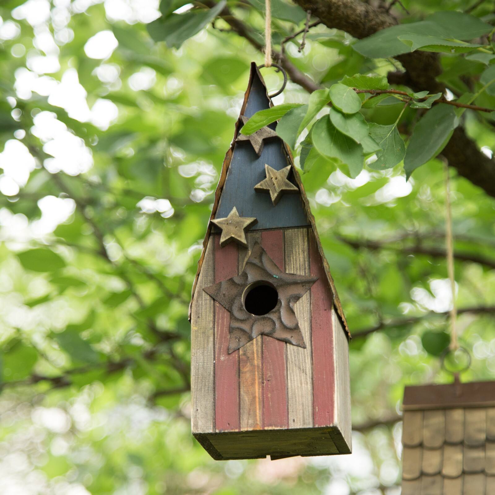 Glitzhome® Distressed Wood & Metal Patriotic Bird House with Stars