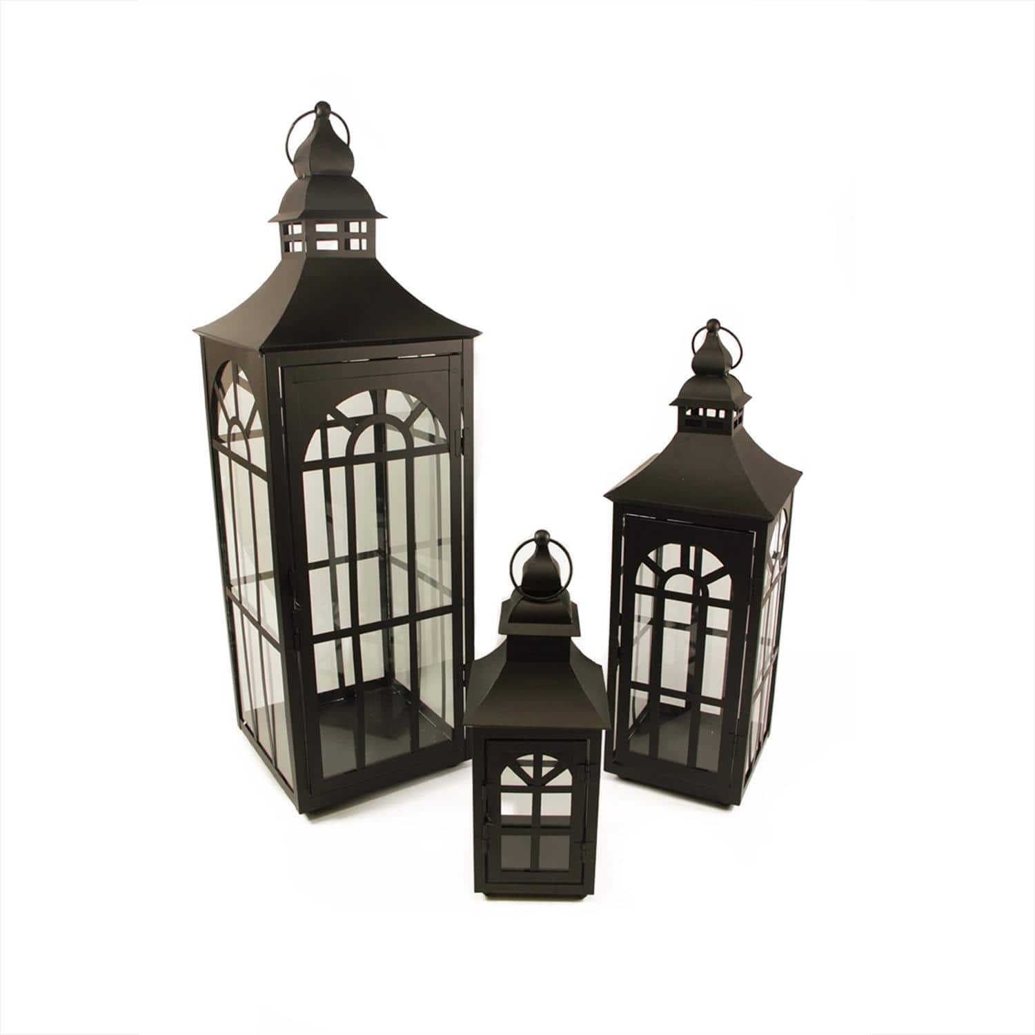 Black Asian-Inspired Candle Holder Lantern Set, 12.5"-26"