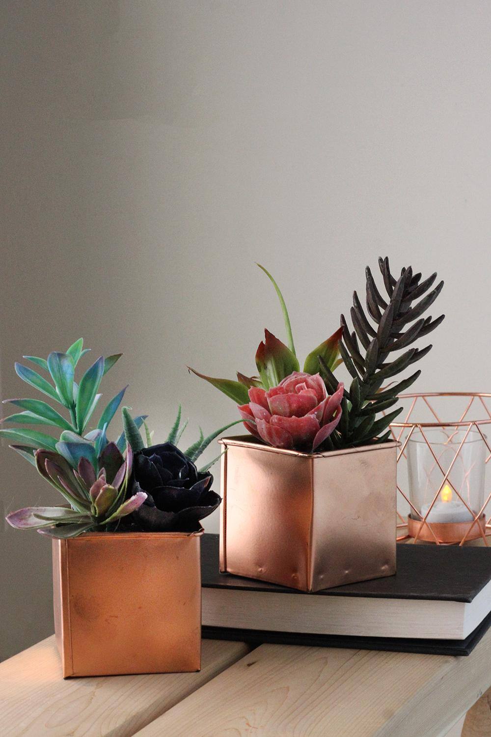 7" Pink & Purple Artificial Succulent Arrangement in Square Tin Pot