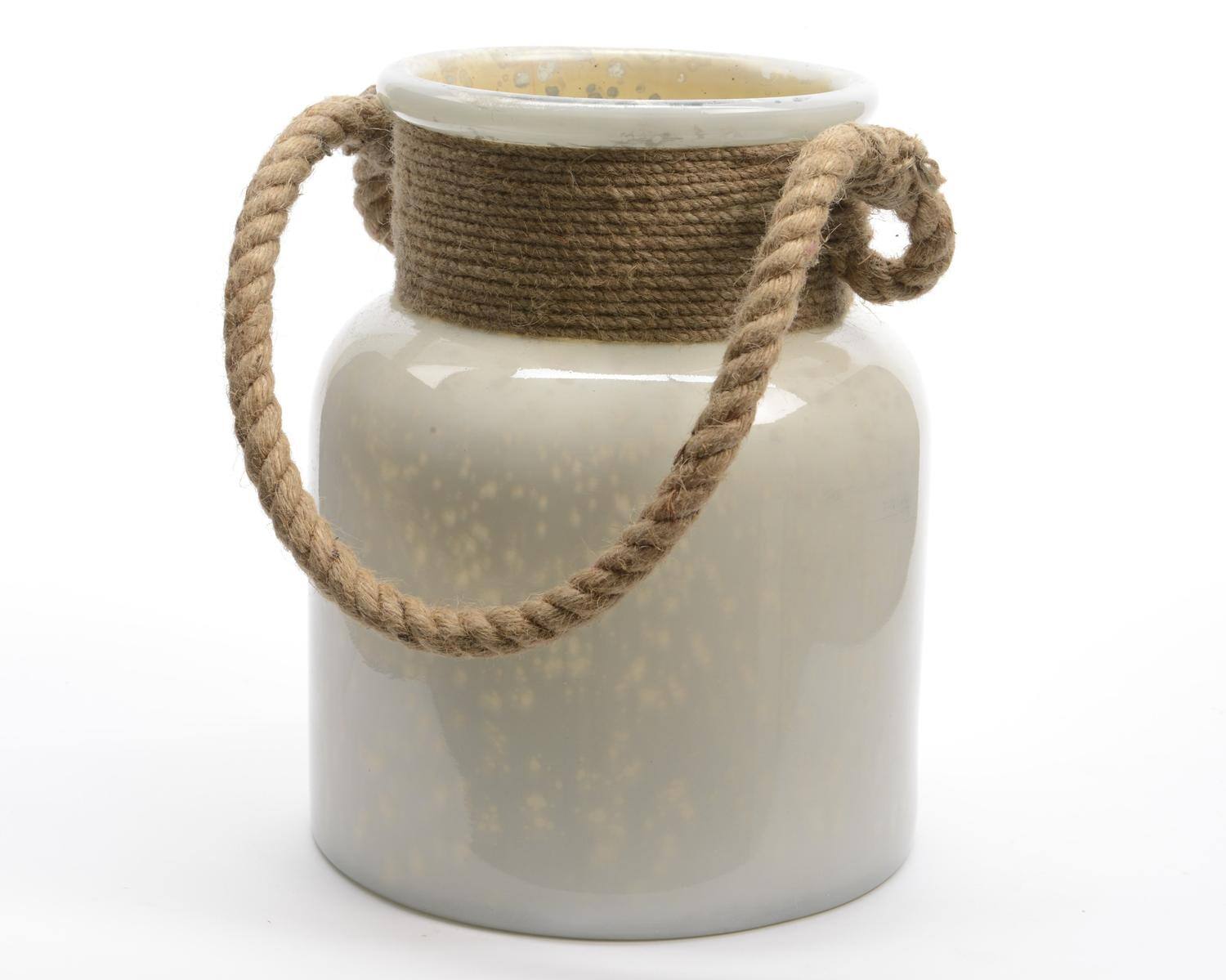 9.5" Seaside Treasures Antique White Glass Hurricane With Rope Handle