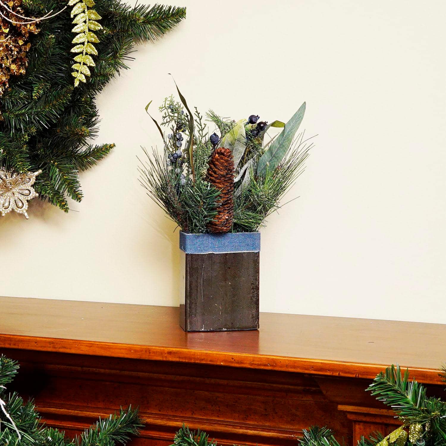 13&#x22; Square Potted Frosted Blueberry &#x26; Pine Artificial Arrangement