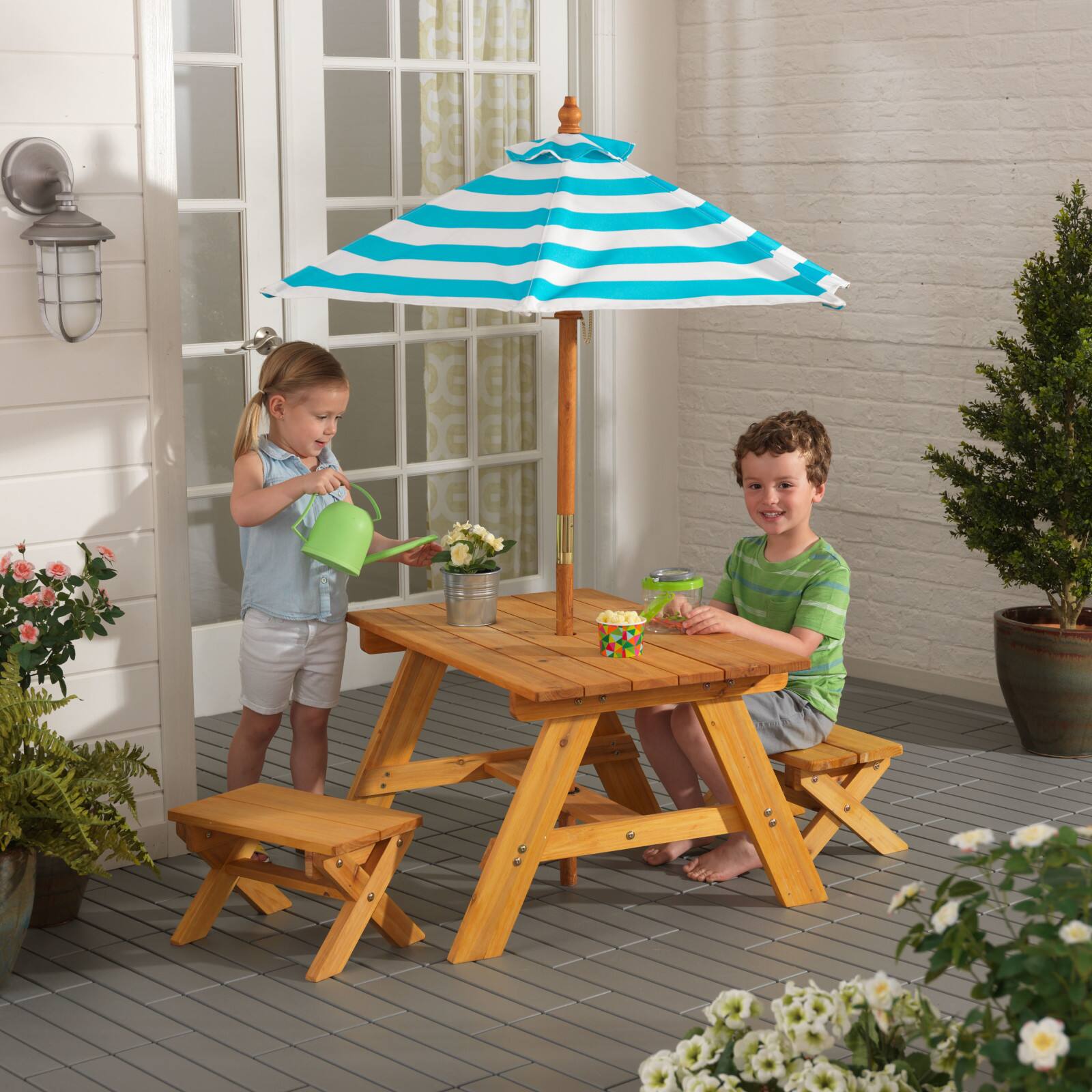 KidKraft Turquoise &#x26; White Outdoor Table &#x26; Bench Set with Umbrella