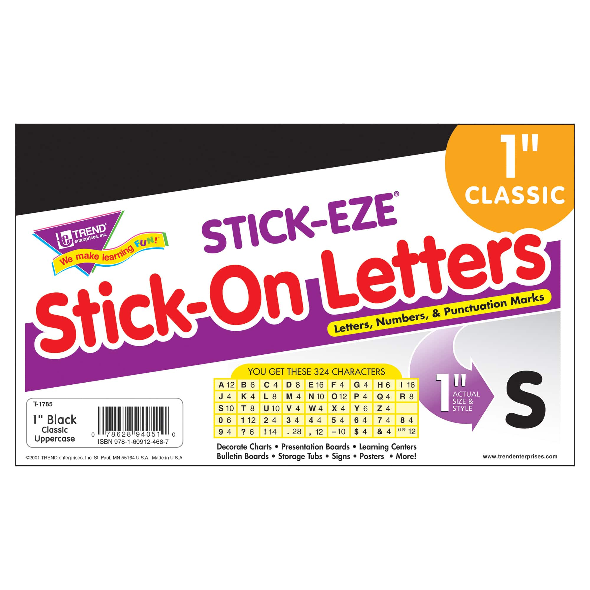 Trend Enterprises Black 1&#x22; STICK-EZE&#xAE; Stick-On Letters, 6 Packs