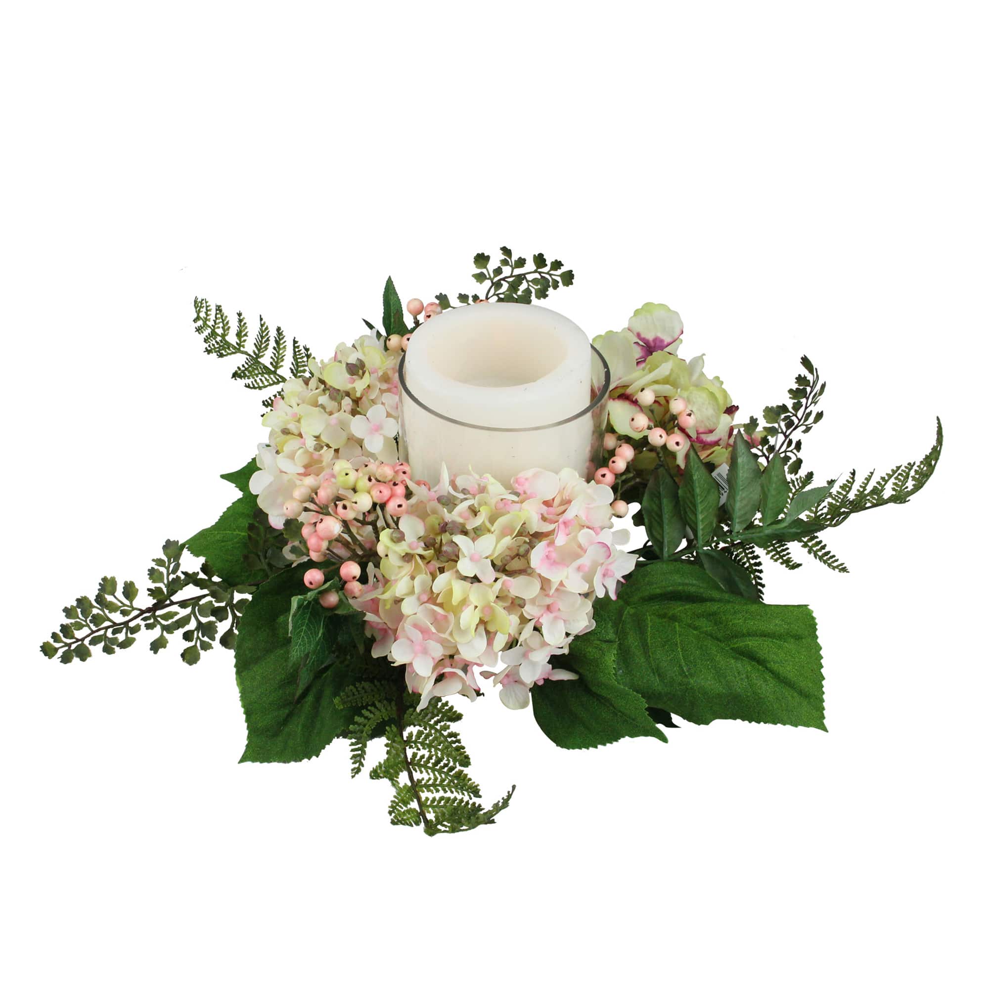 Pink & Green Hydrangea & Berry Hurricane Glass Candle Holder