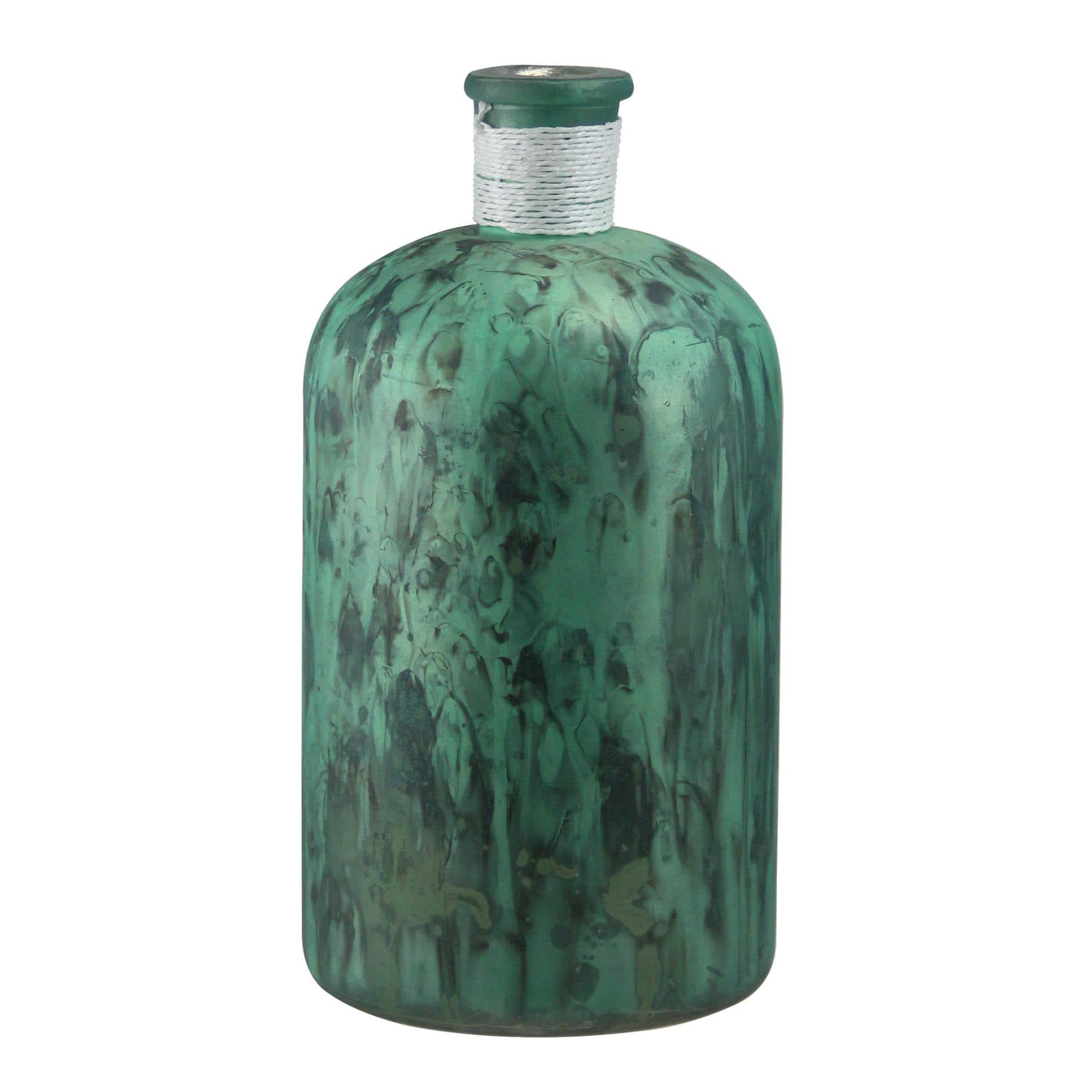 10&#x22; Botanic Beauty Verdigris Glass Vase with White Raffia Band, Green