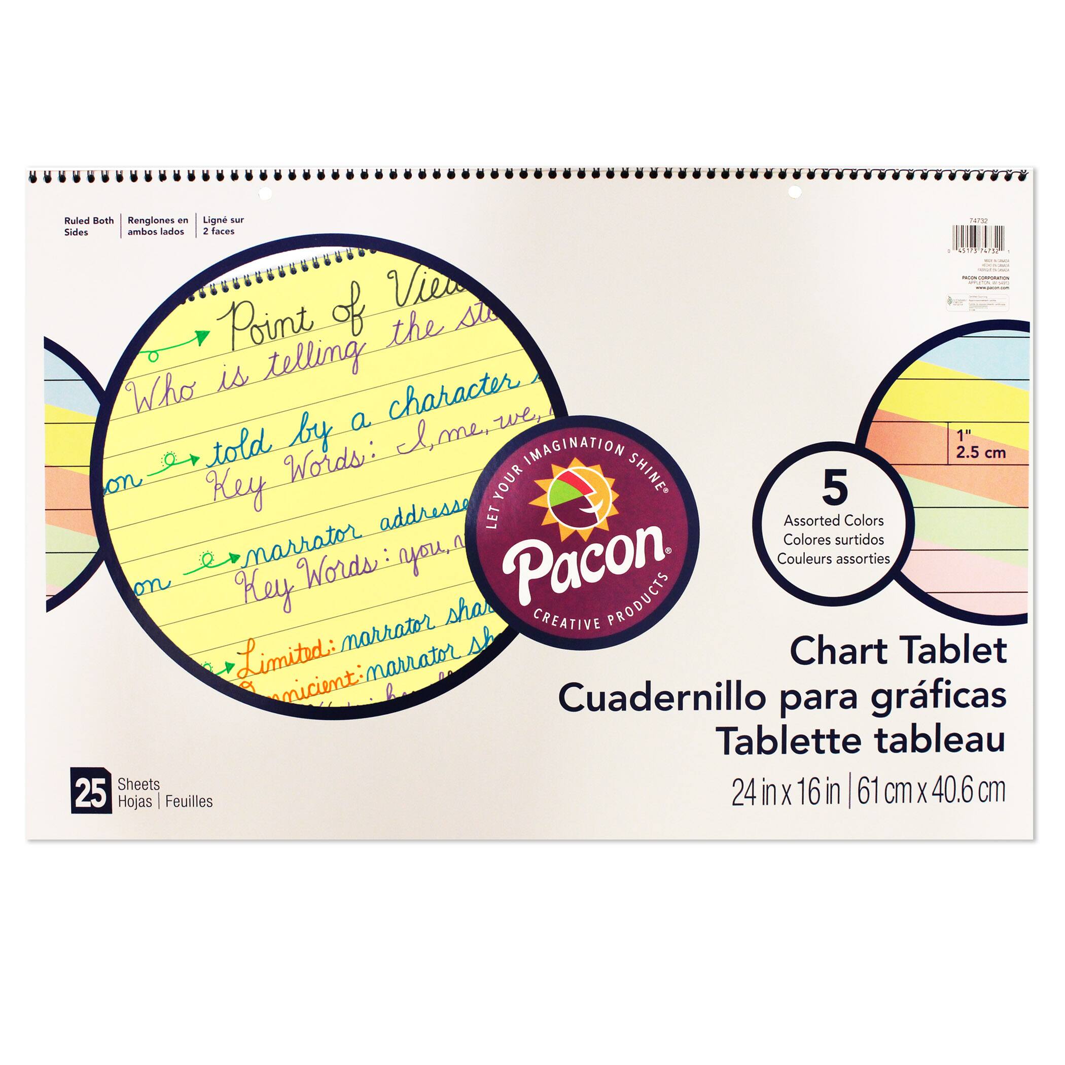 Pacon® Assorted Colors 1" Ruled Chart Tablet, 24" x 16", 25 Sheets Per Chart, 2 Charts