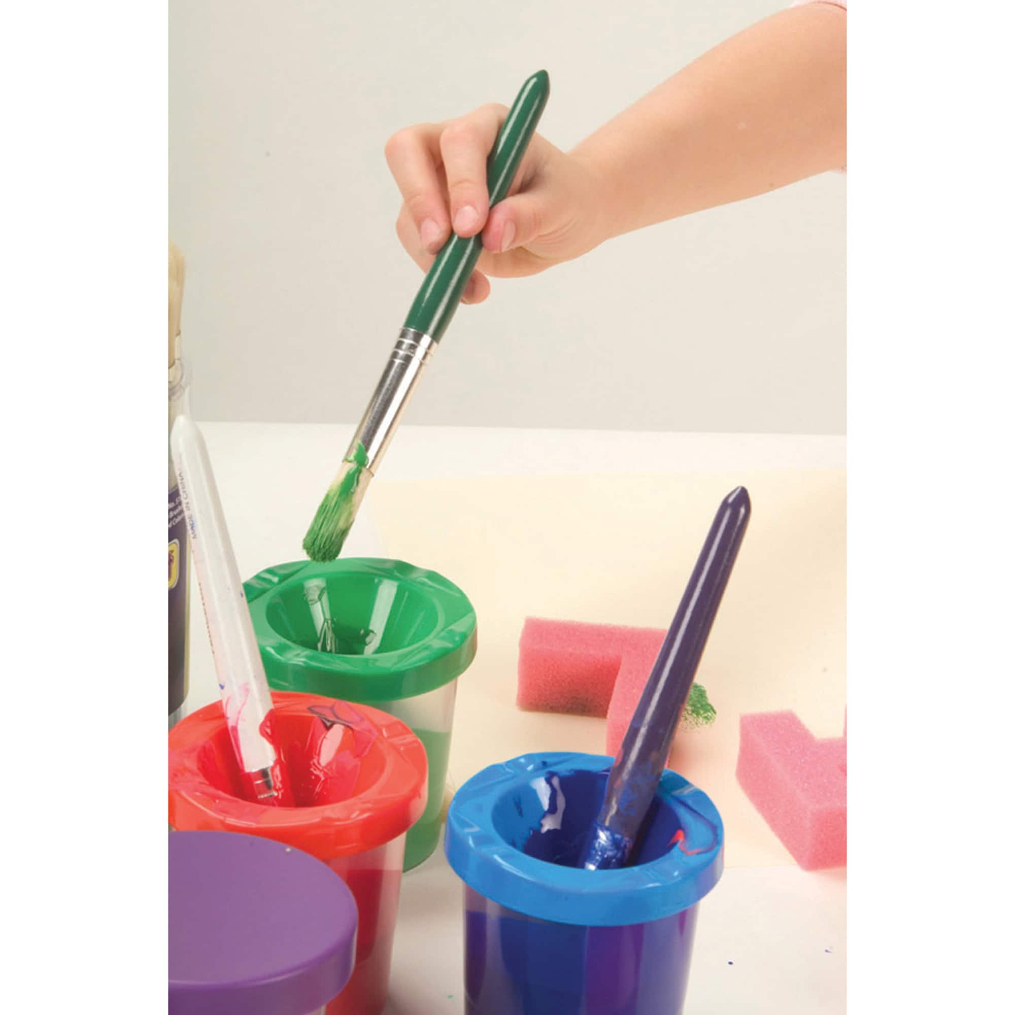 Paint Cups Toddler Painting Set Spill Proof Paint Cups Children's No Spill Paint Cups with Assorted Colored Lids Matching Plastic Handles Brushes