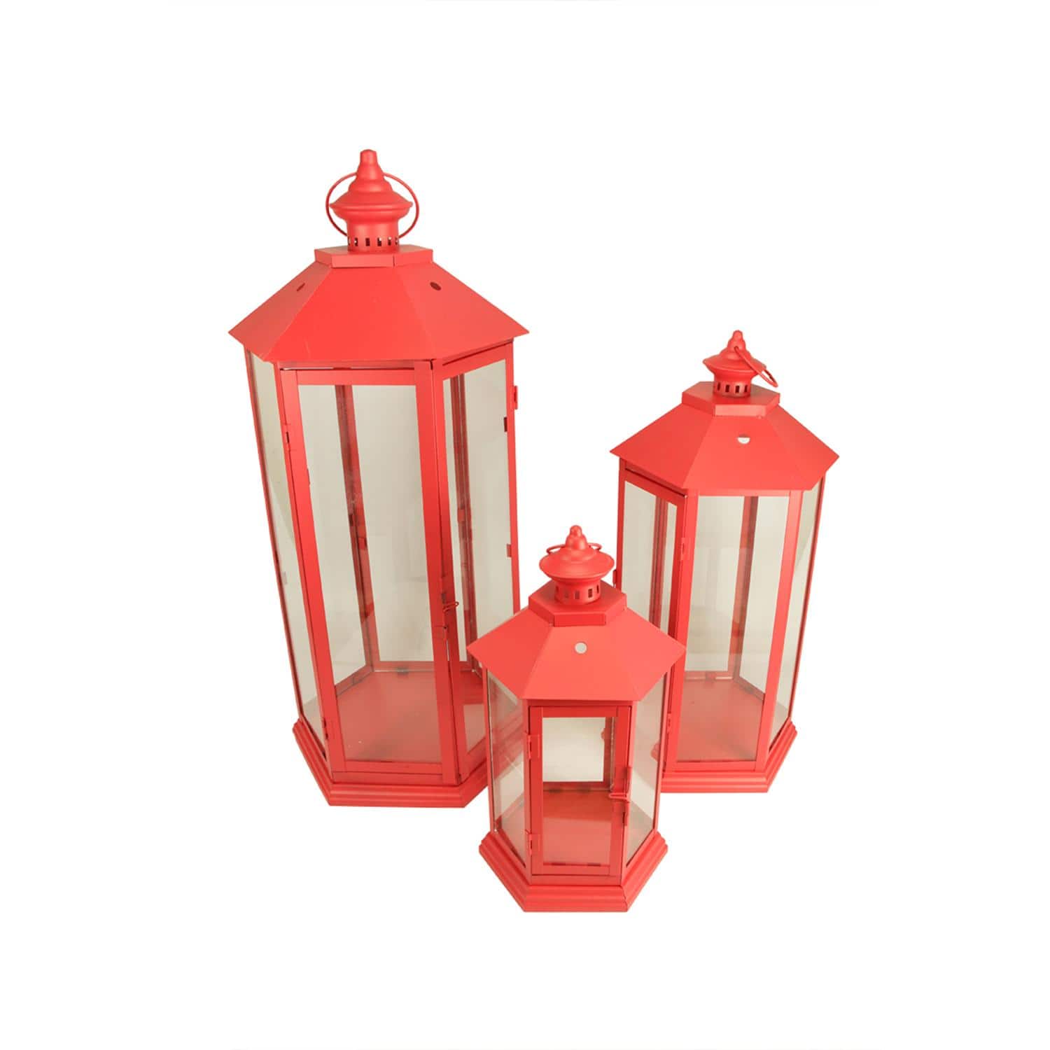 Red Traditional Style Candle Holder Lantern Set, 14.75"-27"
