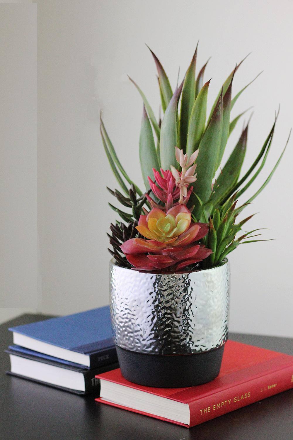 15&#x22; Artificial Succulents &#x26; Agave in Silver Ceramic Pot