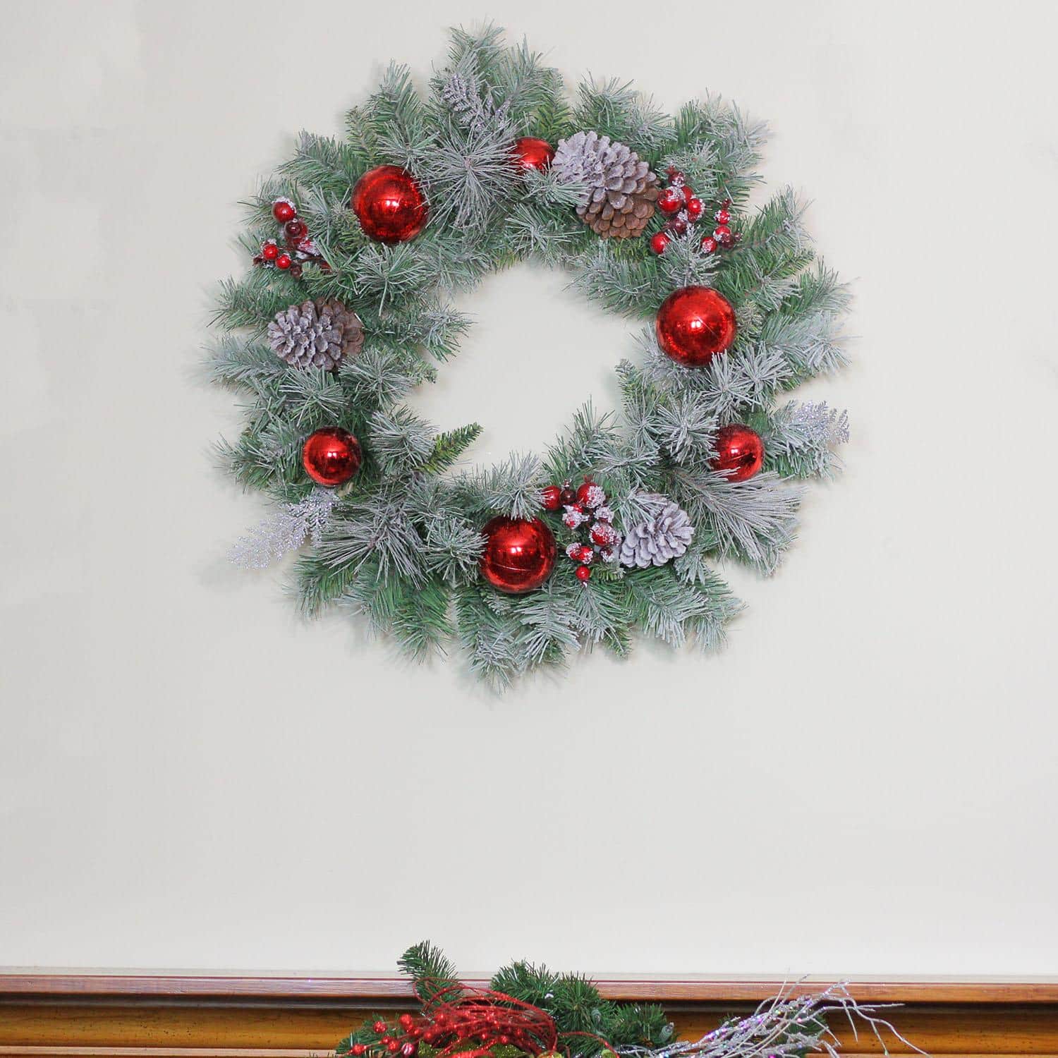 24" Flocked Pine Red Ball Berries & Silver Cedar Artificial Wreath, Unlit