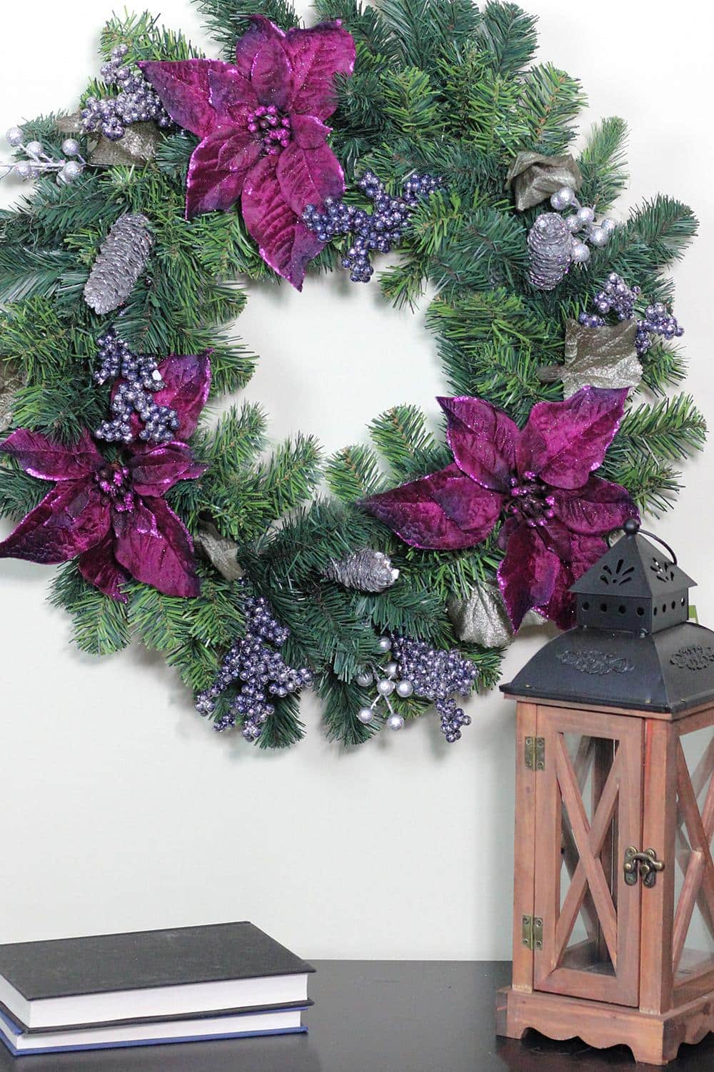 24&#x22; Two-Tone Pine with Purple Poinsettias &#x26; Berries Wreath