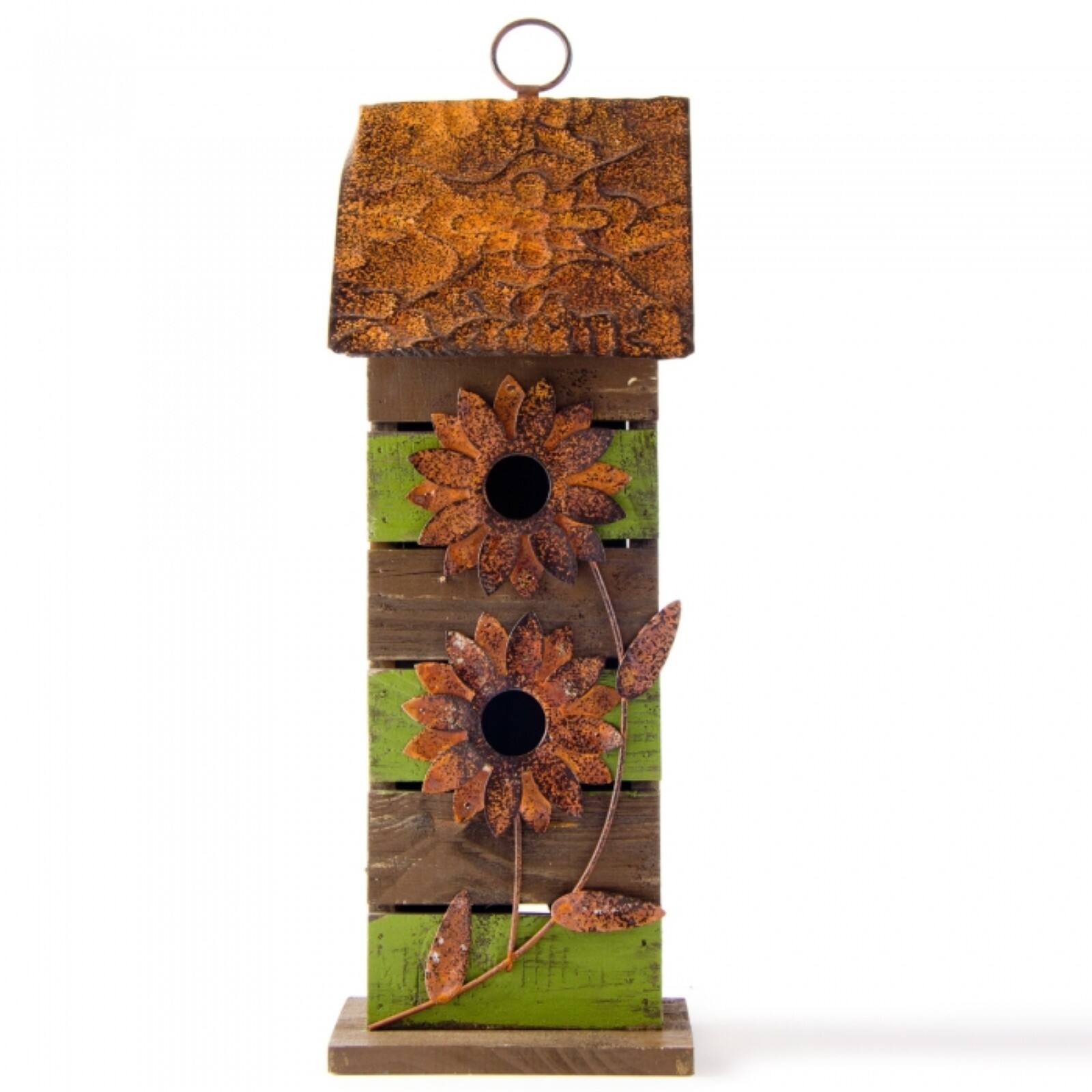 Glitzhome® Hanging 2-Tiered Distressed Wood Bird House with Flowers