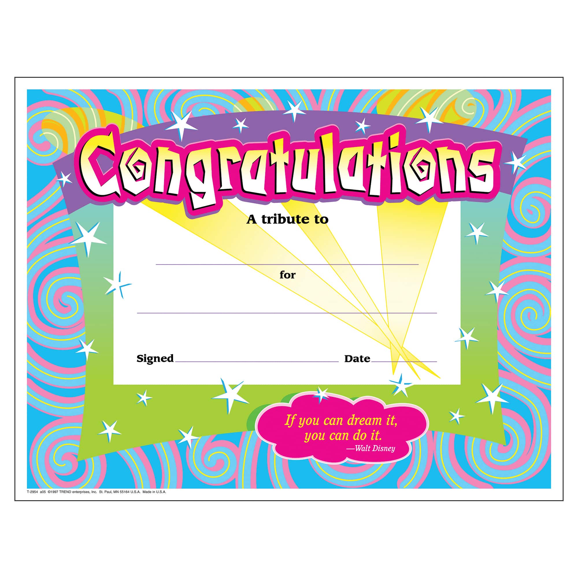 Trend Enterprises® 8.5" x 11" Colorful Swirls Classic Congratulations Certificate, 6 Pack Bundle