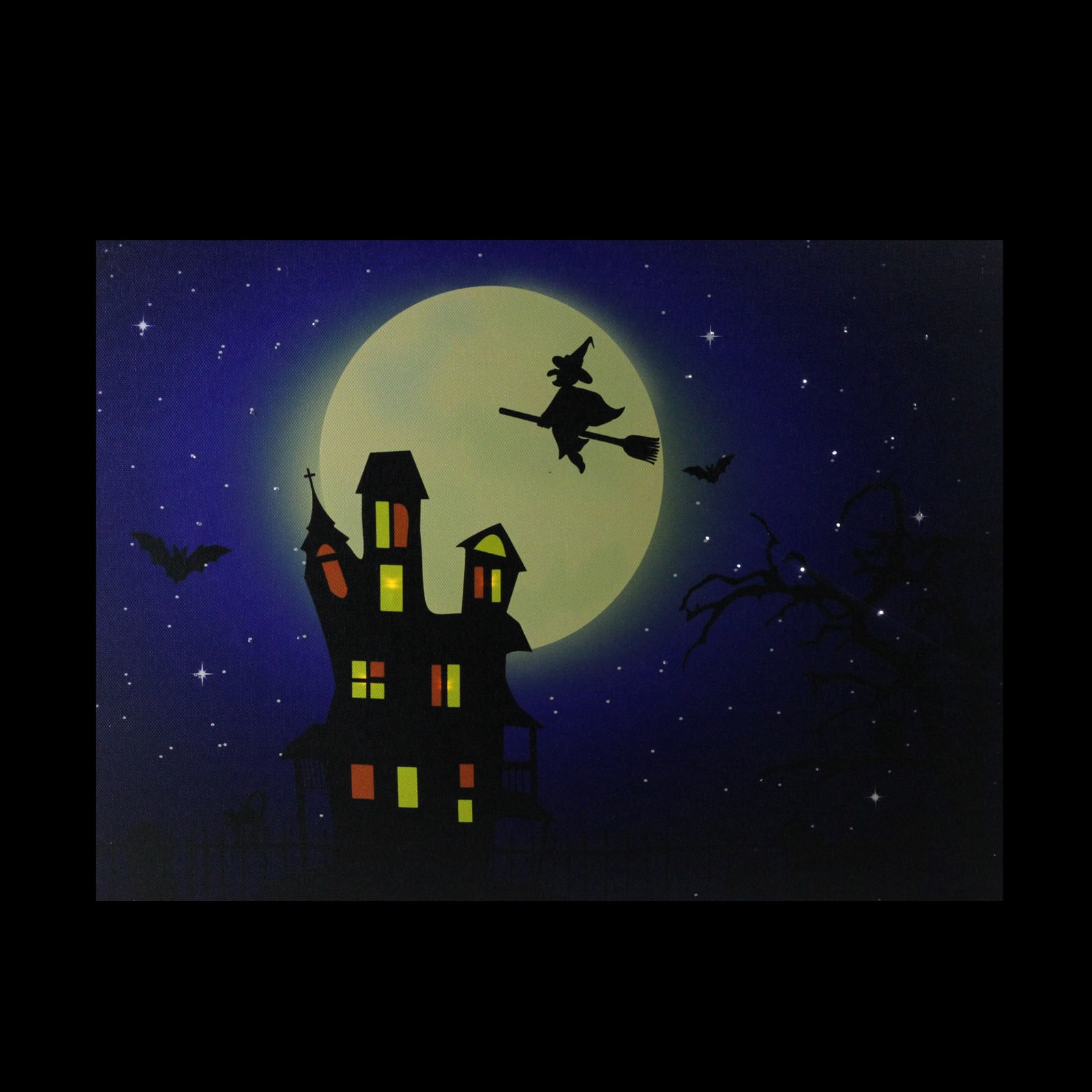 LED Lighted Witch in the Moon Halloween Canvas Wall Art
