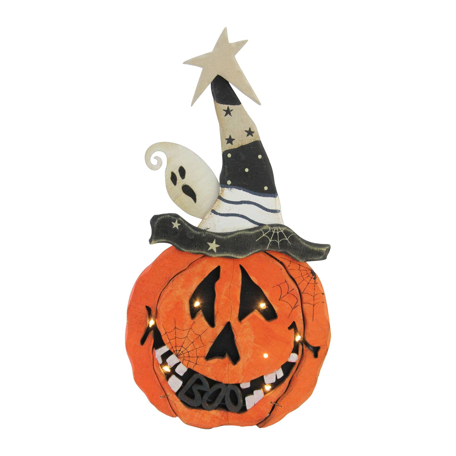 13&#x22; LED Standing Wood Pumpkin Halloween Decoration