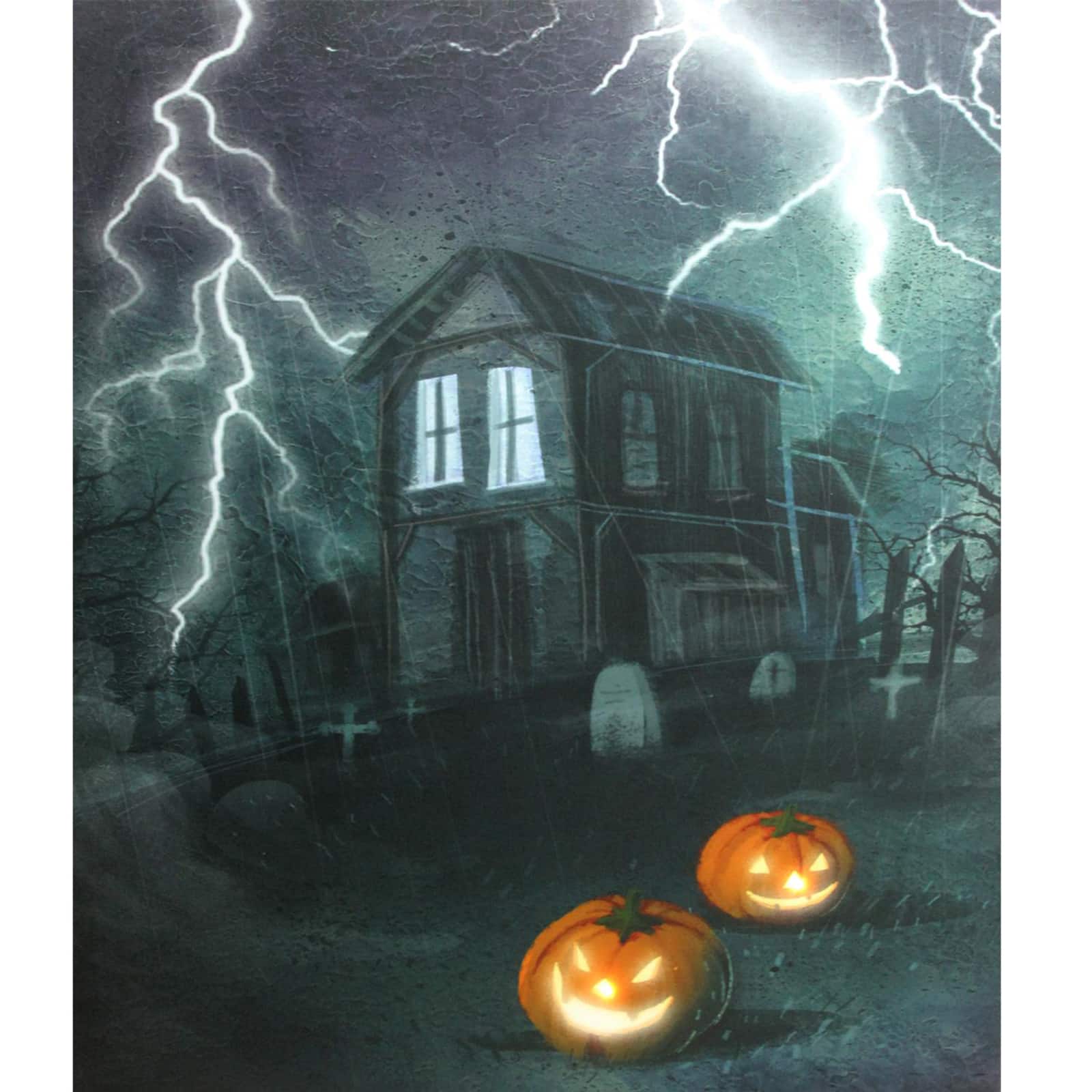 Haunted House with Jack-O'-Lanterns LED Canvas Wall Art