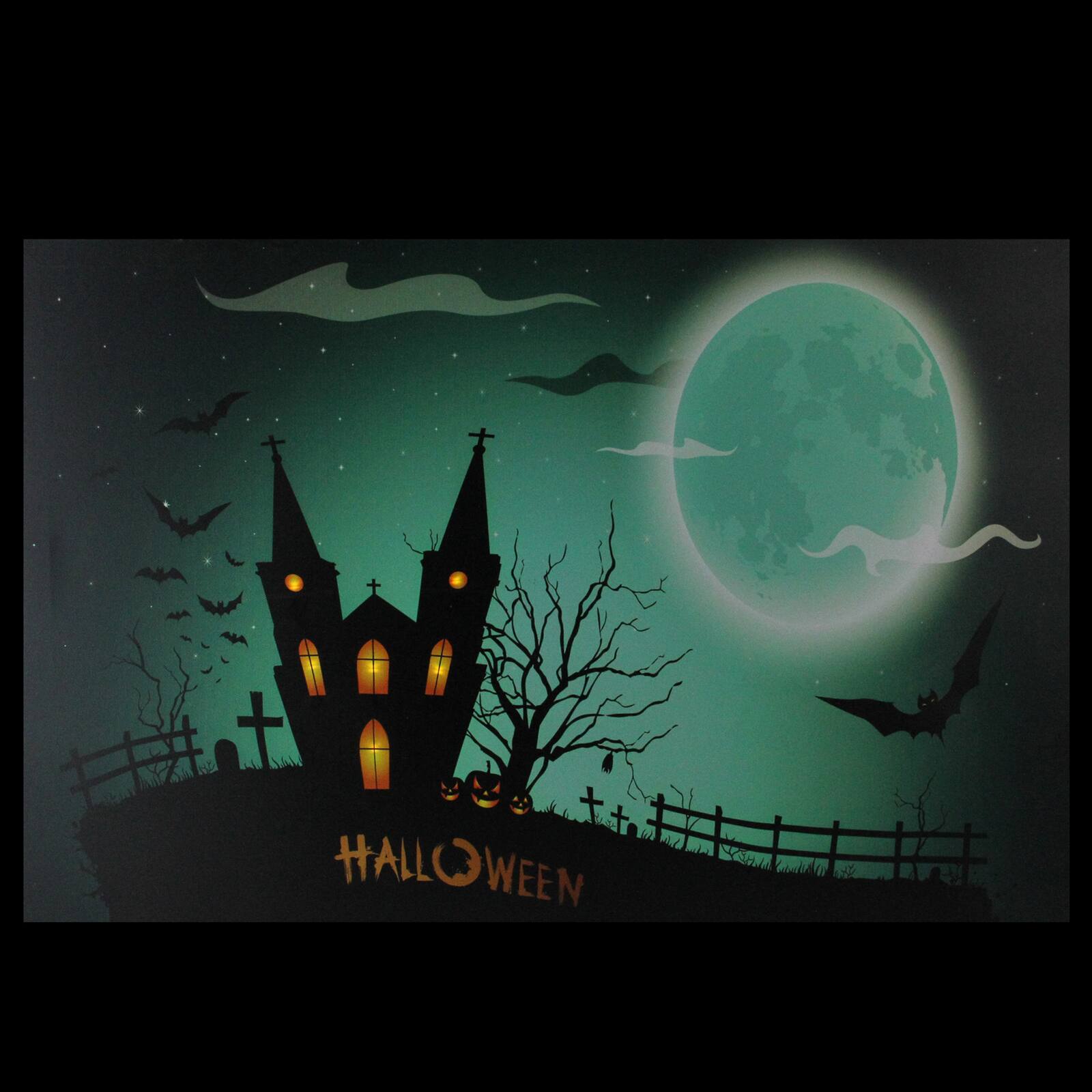 LED Lighted Eerie Church in Cemetery Halloween Canvas Wall Art
