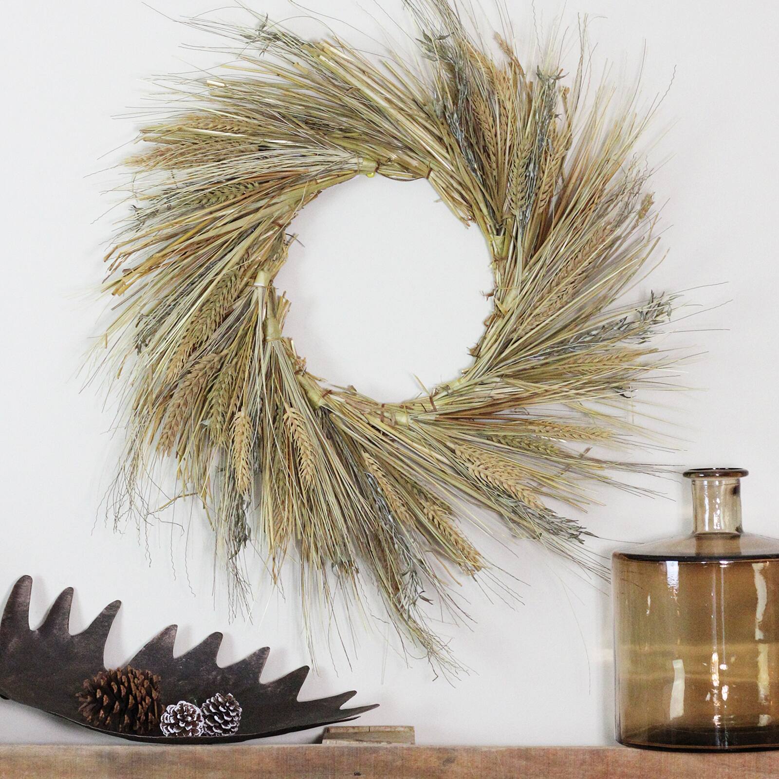 22&#x22; Unlit Autumn Harvest Wheat Grass &#x26; Grapevine Thanksgiving Fall Wreath