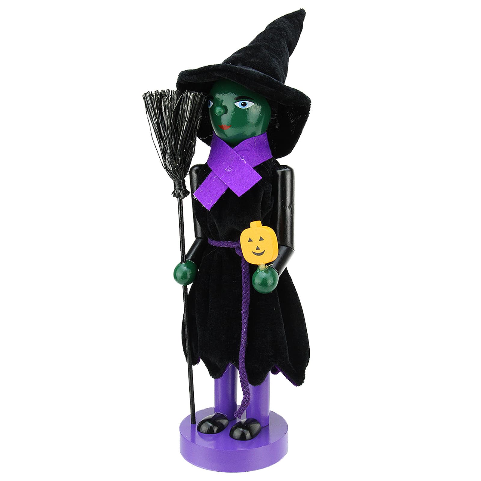 Green Wooden Witch Holding Broom &#x26; Jack-O-Lantern Halloween Nutcracker