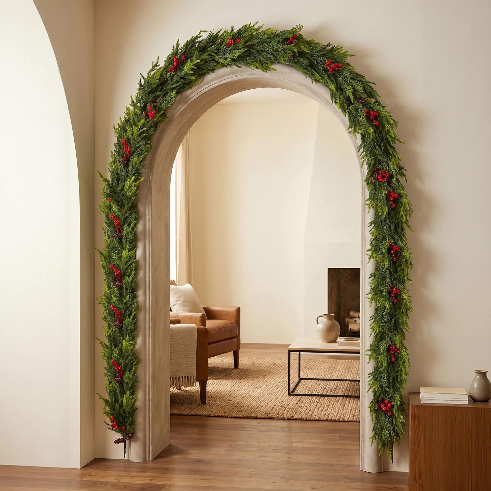 Glitzhome® 9ft. Christmas PE Dripping Garland with Pinecones and Red Berries, Set of 2