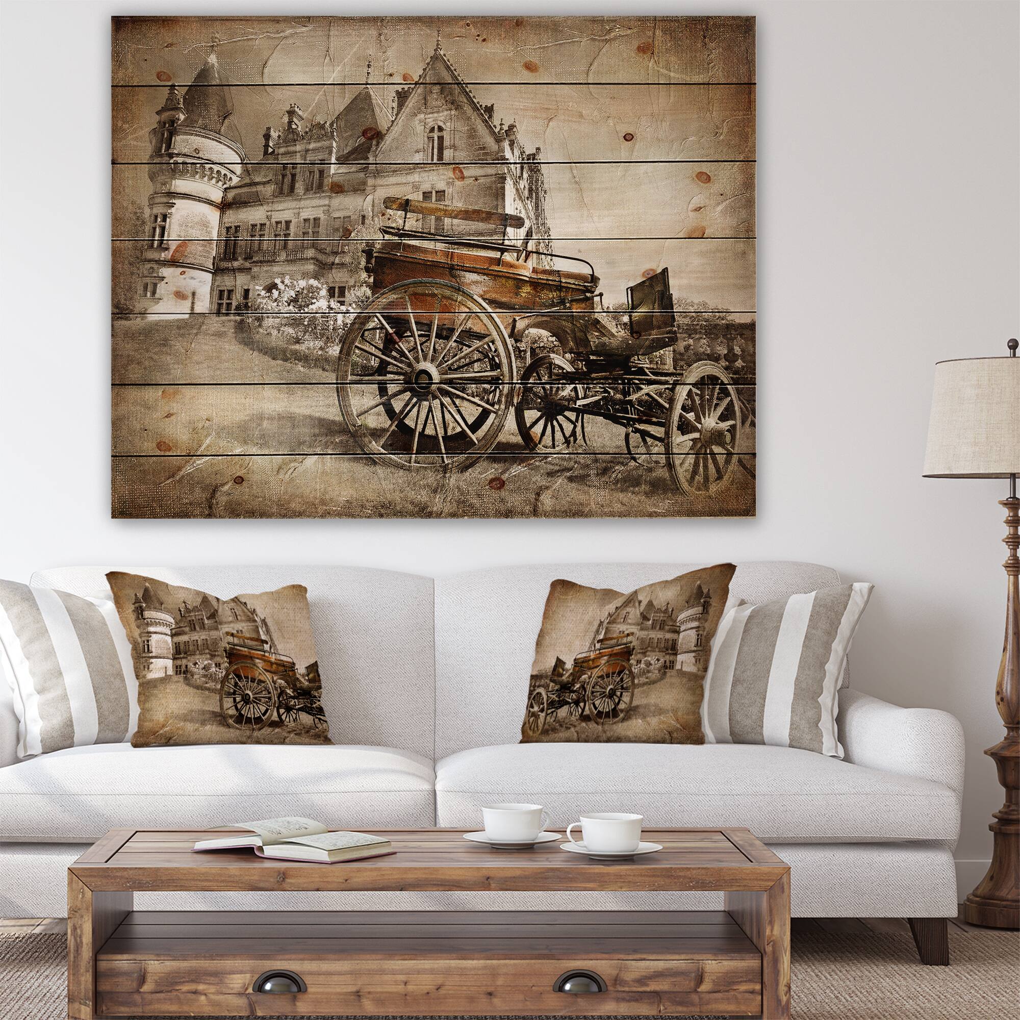 Designart - Medieval Castle with Carriage - Contemporary Print on Natural Pine Wood