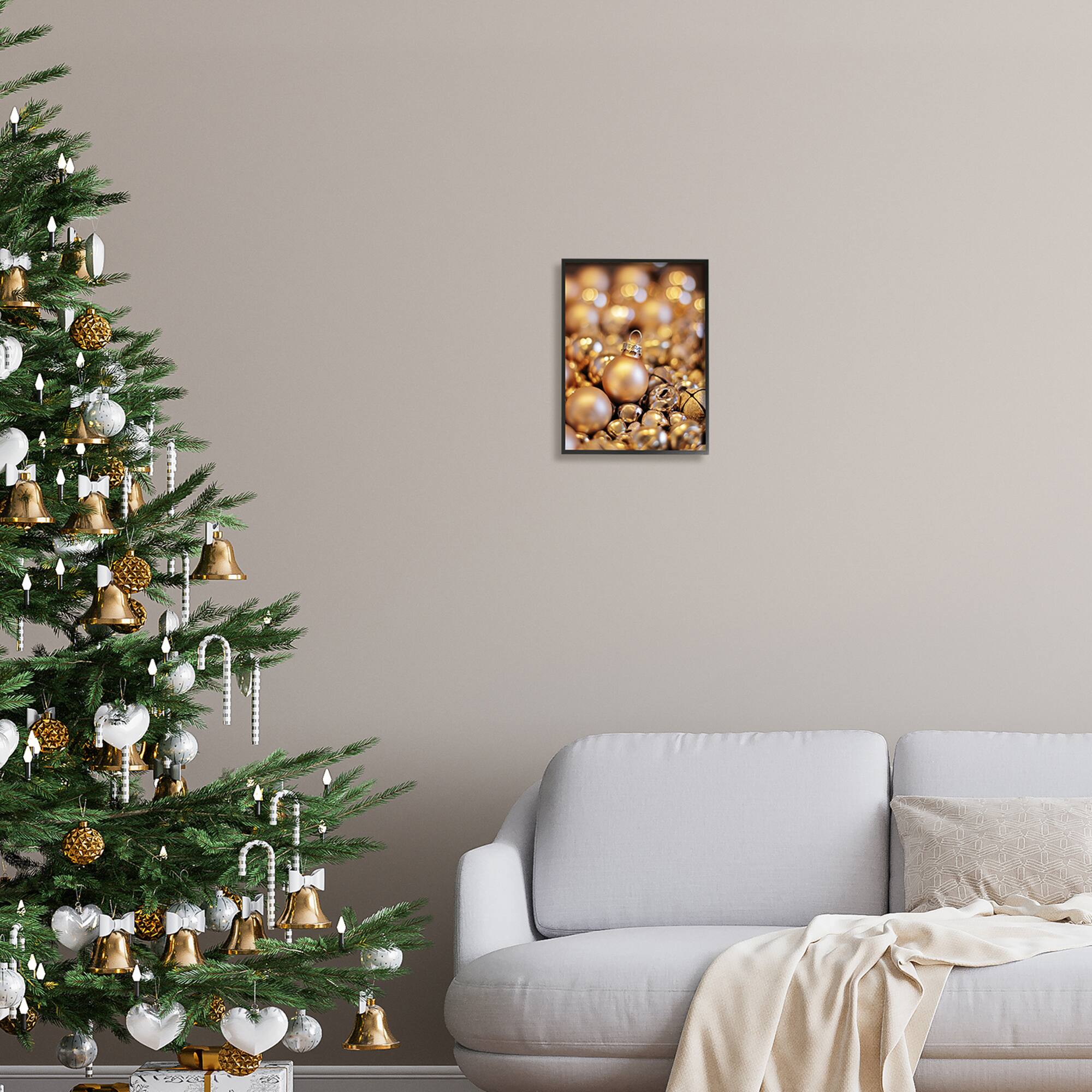 Stupell Industries Gleaming Christmas Ornaments Bells Framed Giclee Art