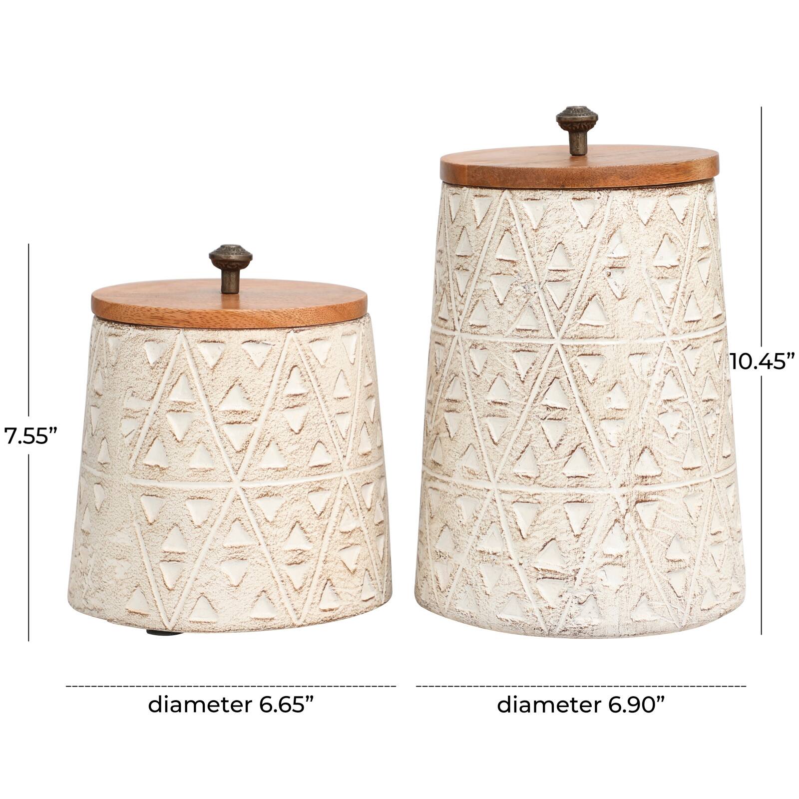 Cream Paper Mache Handmade Carved Triangle Tribal Canisters with Removable Lids Set