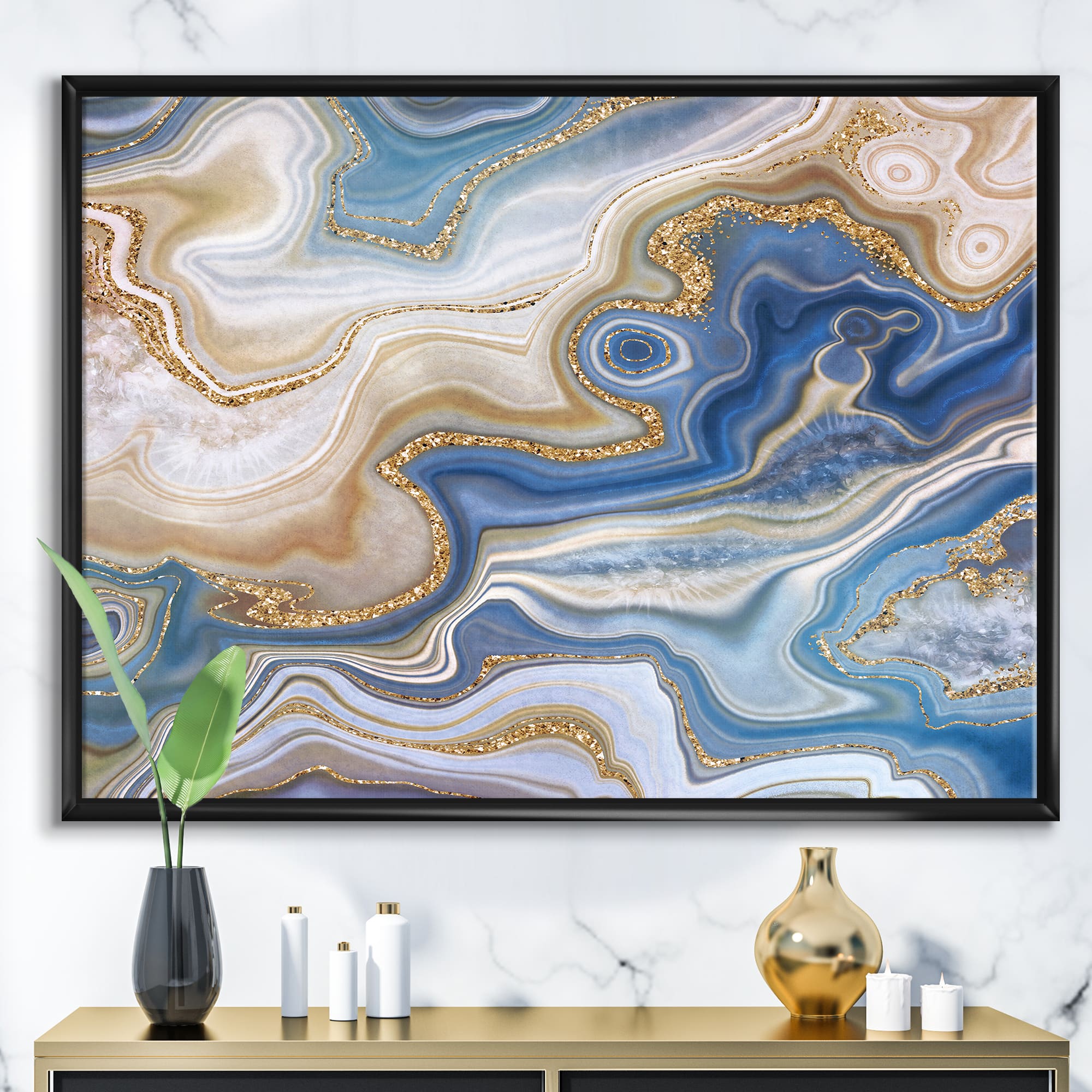 Designart - Ocean Blue Golden Jasper Agate II - Modern Canvas Wall Art Print in Black Frame