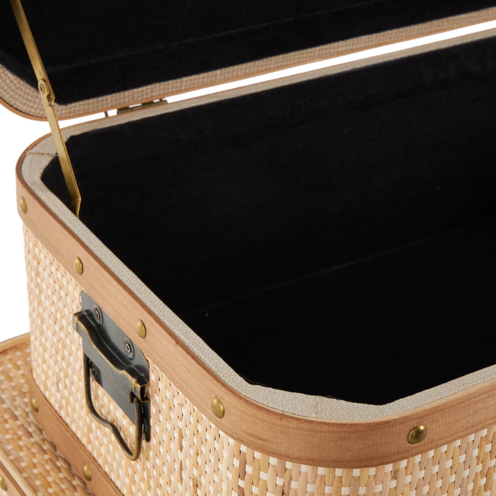 Light Brown Rattan Woven Decorative Trunk Set with Brass Metal Latches & Brown Wooden Accents