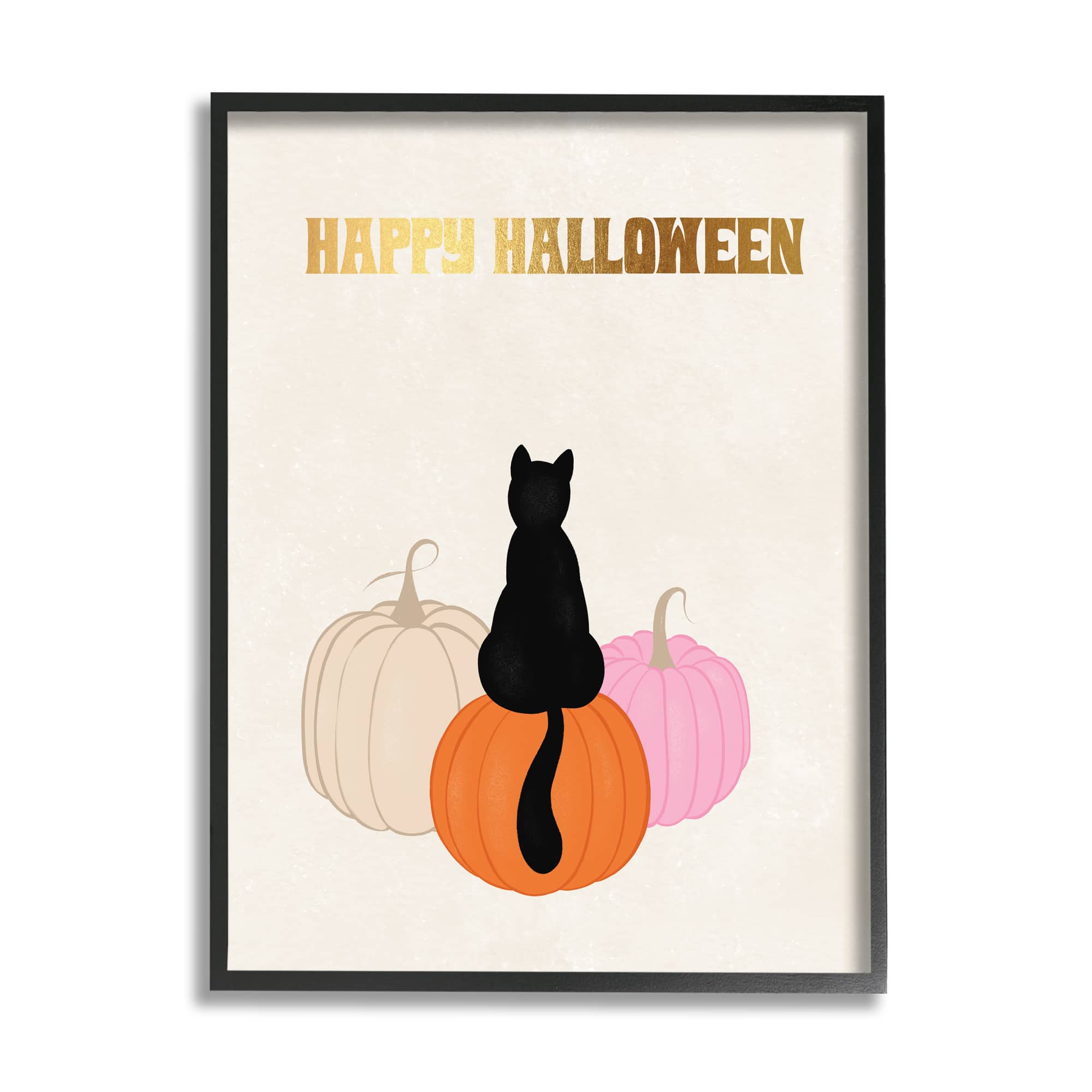 Stupell Industries Happy Halloween Black Cat Pumpkins Framed Giclee Art