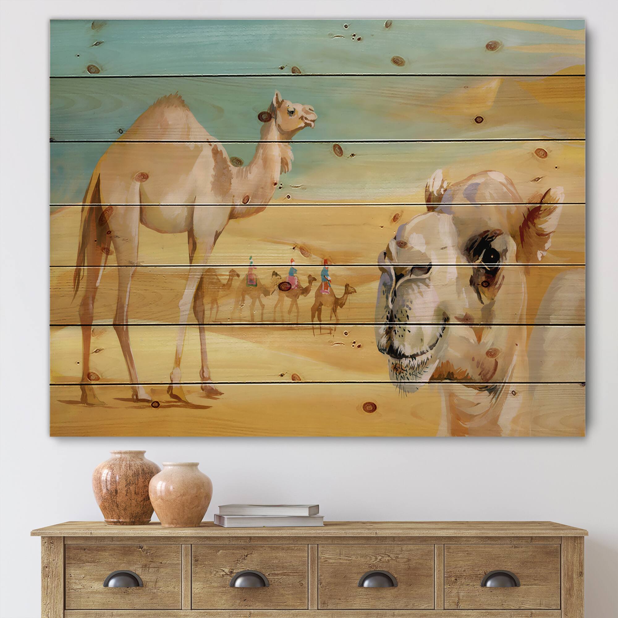 Designart - Camels In The Desert - Farmhouse Print on Natural Pine Wood
